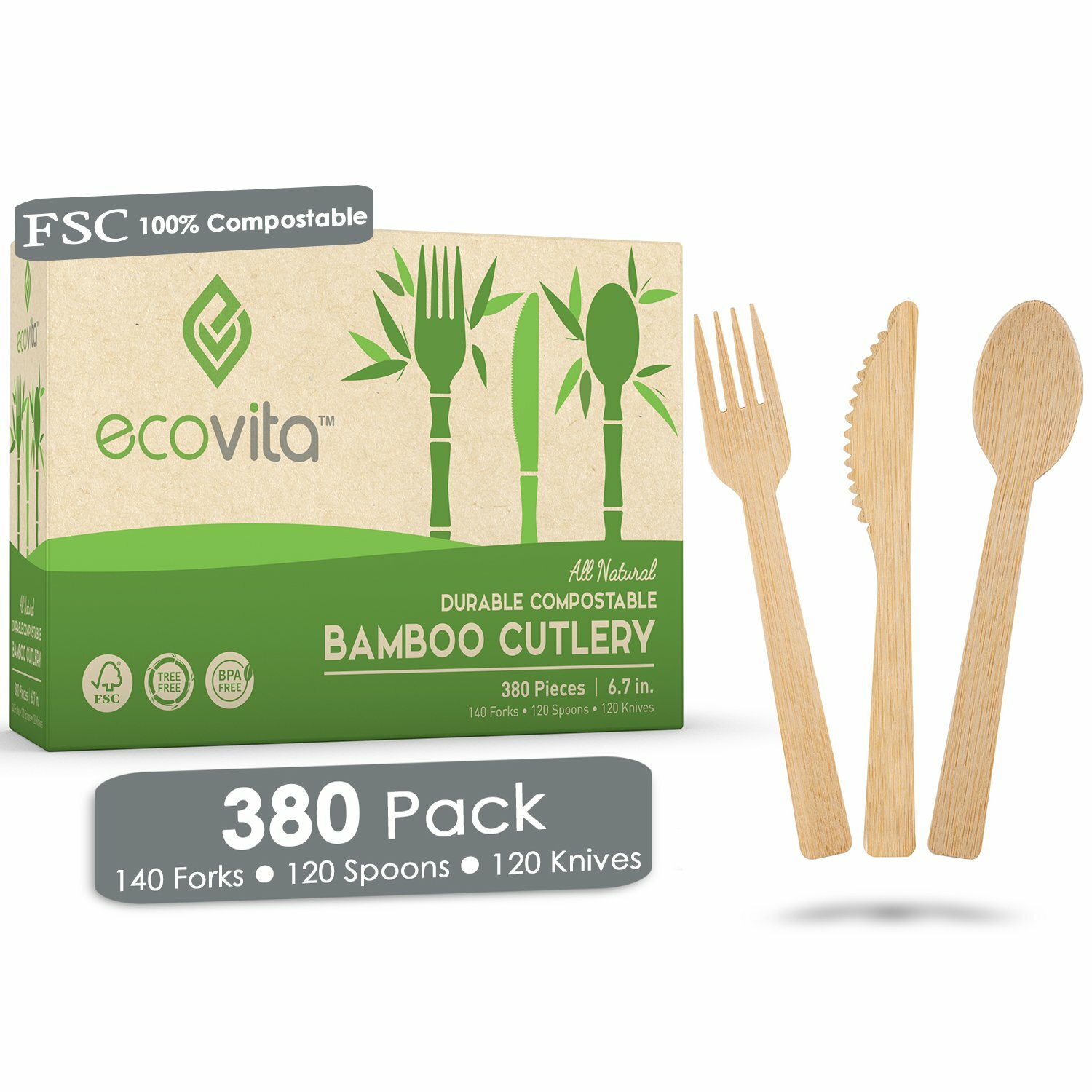 100% Bamboo Compostable Forks Spoons and Knives – 380 Piece Eco Cutlery Combo