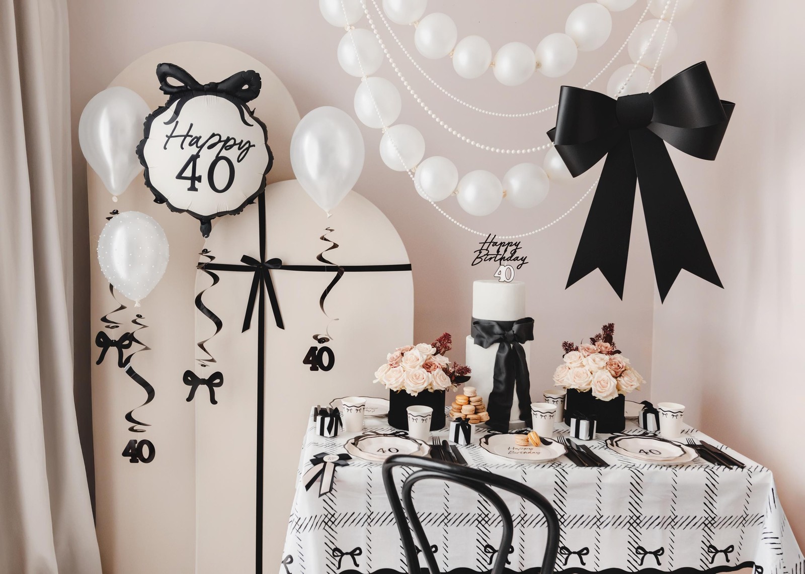 Cream & Black Bow Disposable Tablecloth – Elegant Coquette Style Table Cover 180