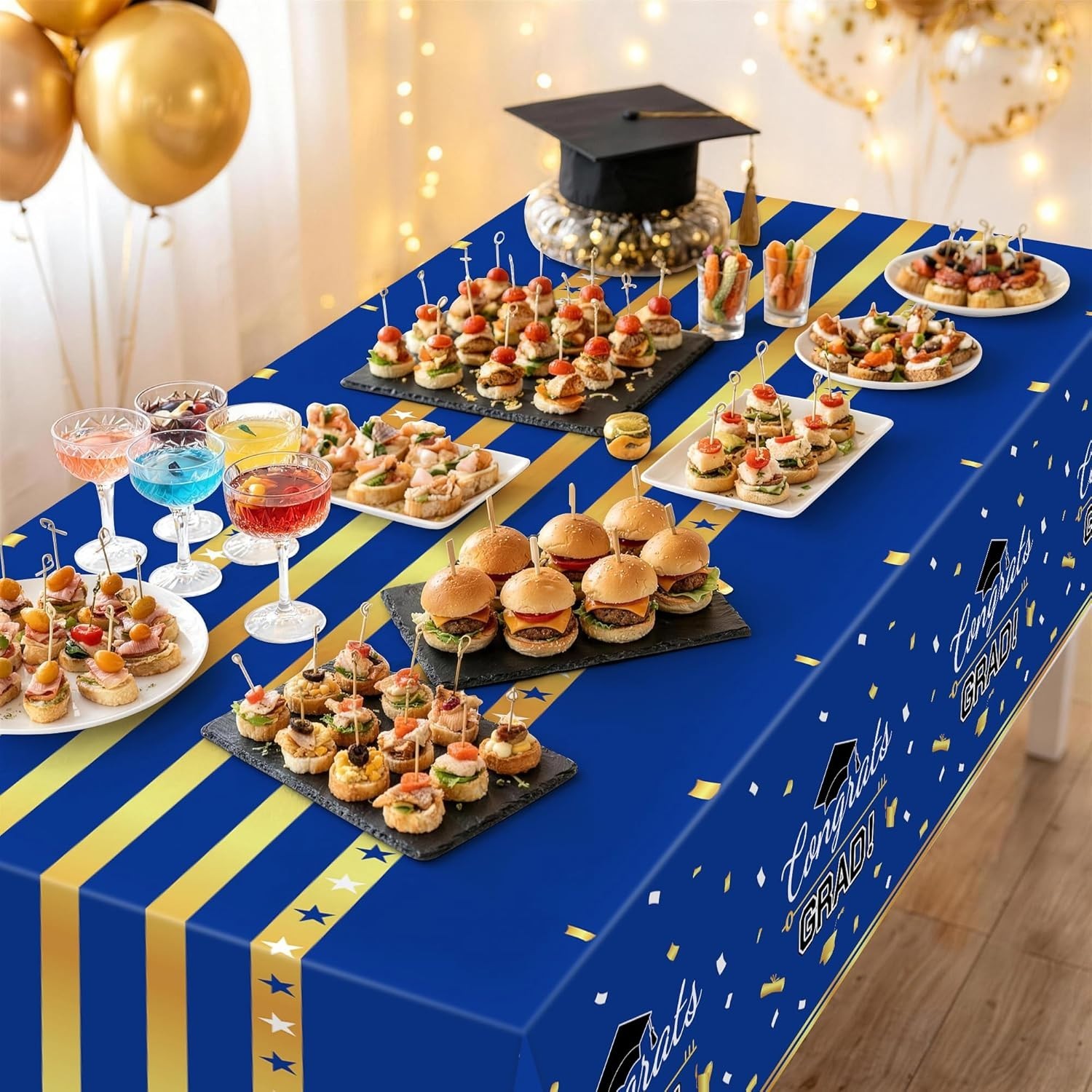 Graduation Tablecloth 54×108 inch 3 Pack Blue and Gold Disposable Rectangle P…