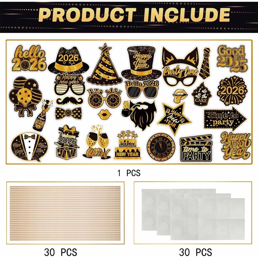 New Years Eve Photo Booth Props 2026- Huge Pack of 30 | Happy New Year