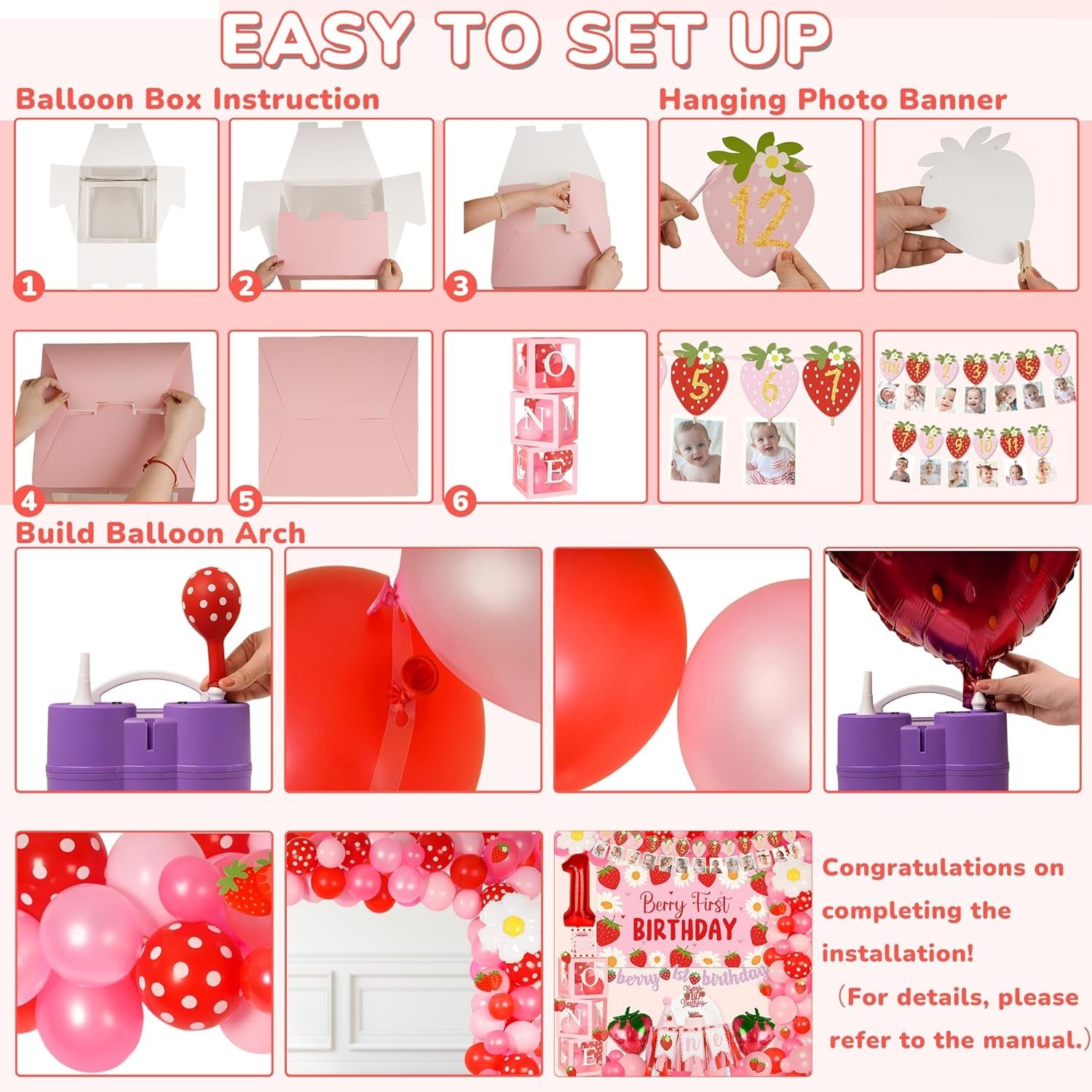 Berry 1st Birthday Decor Set: Strawberry Theme with Balloon Arch & Backdrop