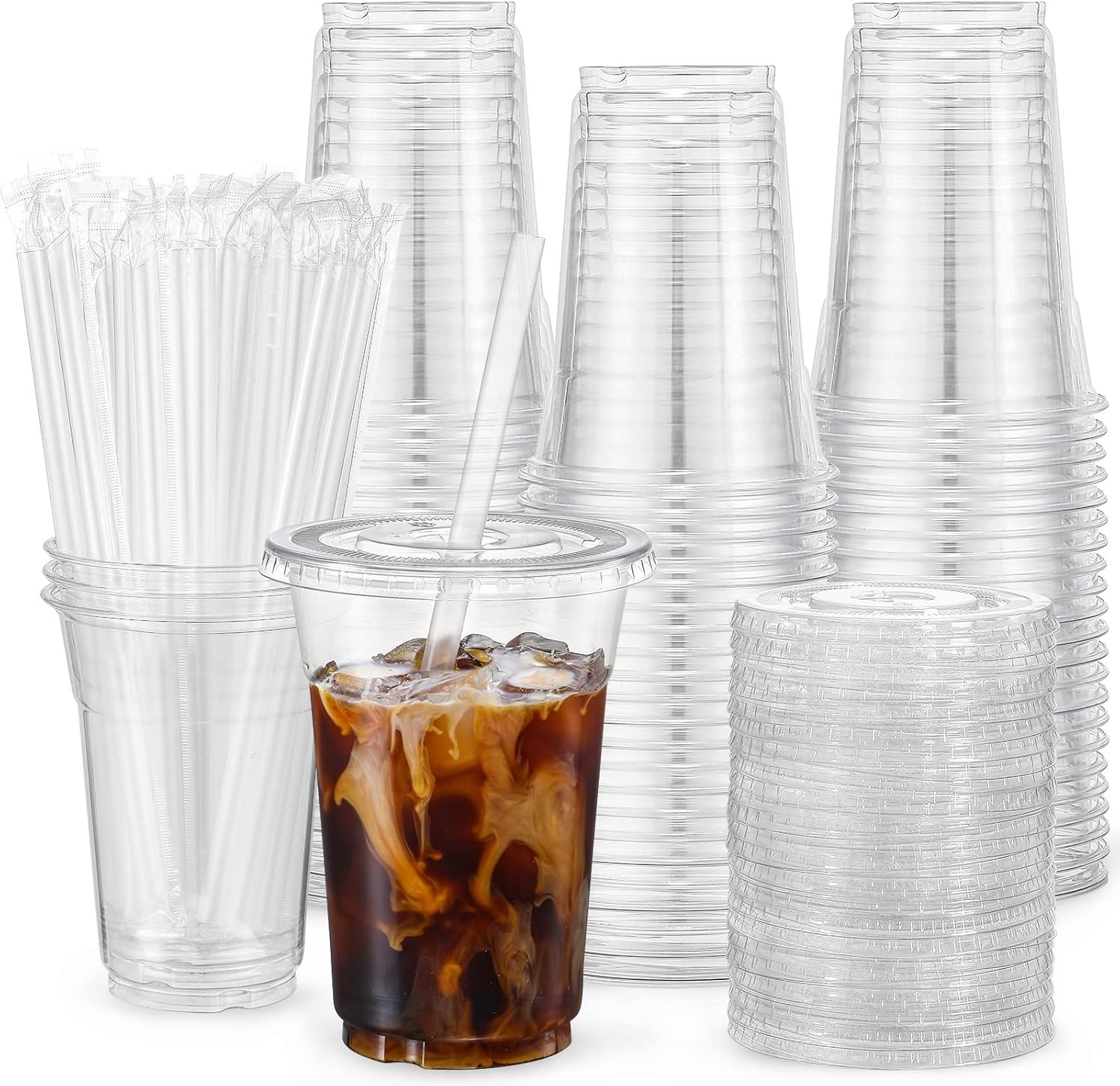 100 Sets – 16oz] Clear Plastic Cups with Lids and Straws, Disposable Iced Cof…
