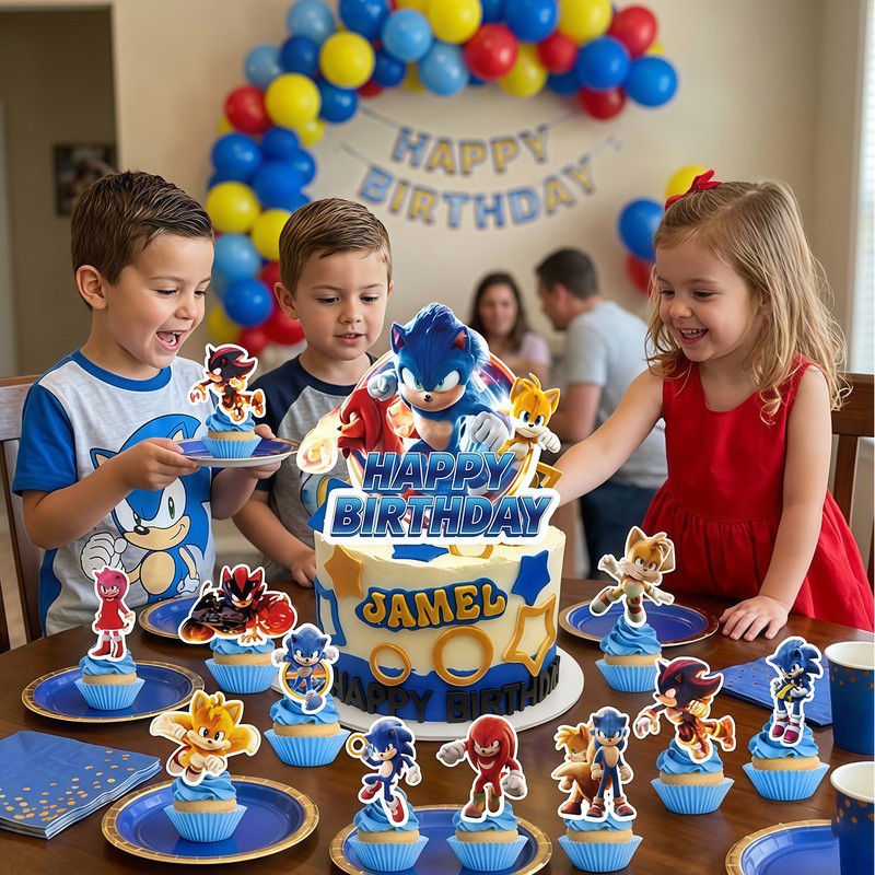 25 Pcs Sonic Cake Topper Sonic Party Decoration Boy Birthday Cake Supplies Set