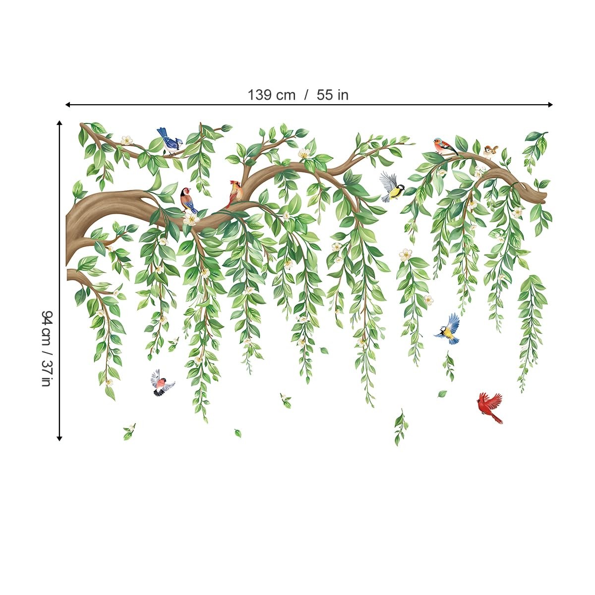 wondever Large Tree Branch Hanging Vine Wall Stickers Green Leaf Flower Birds