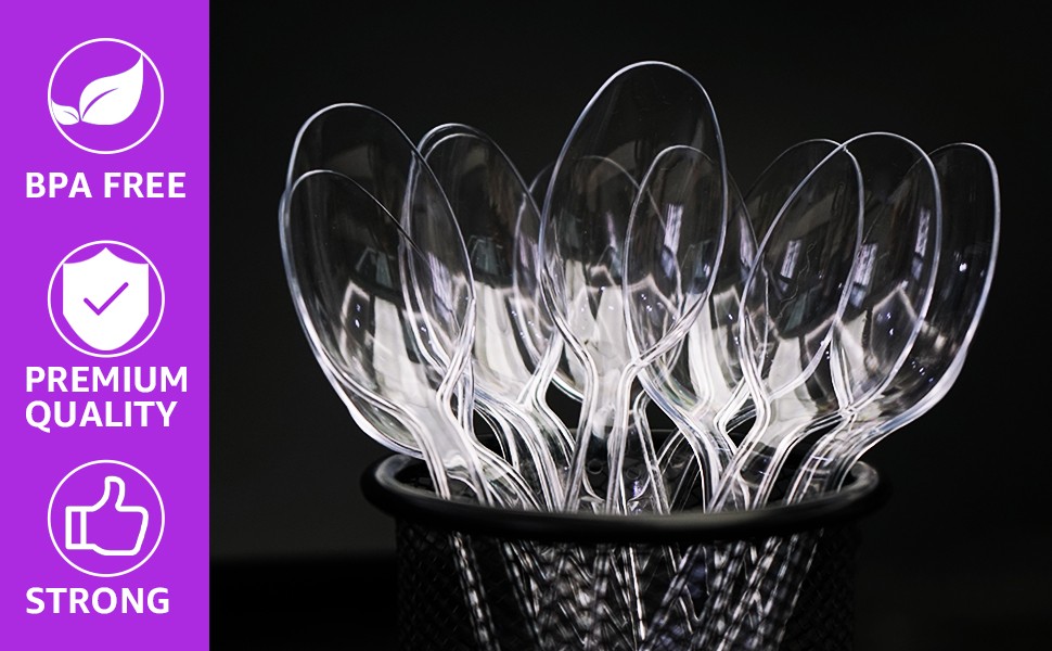 100 Count] Clear Plastic Spoons Heavy Duty Disposable Spoon Reusable Bulk