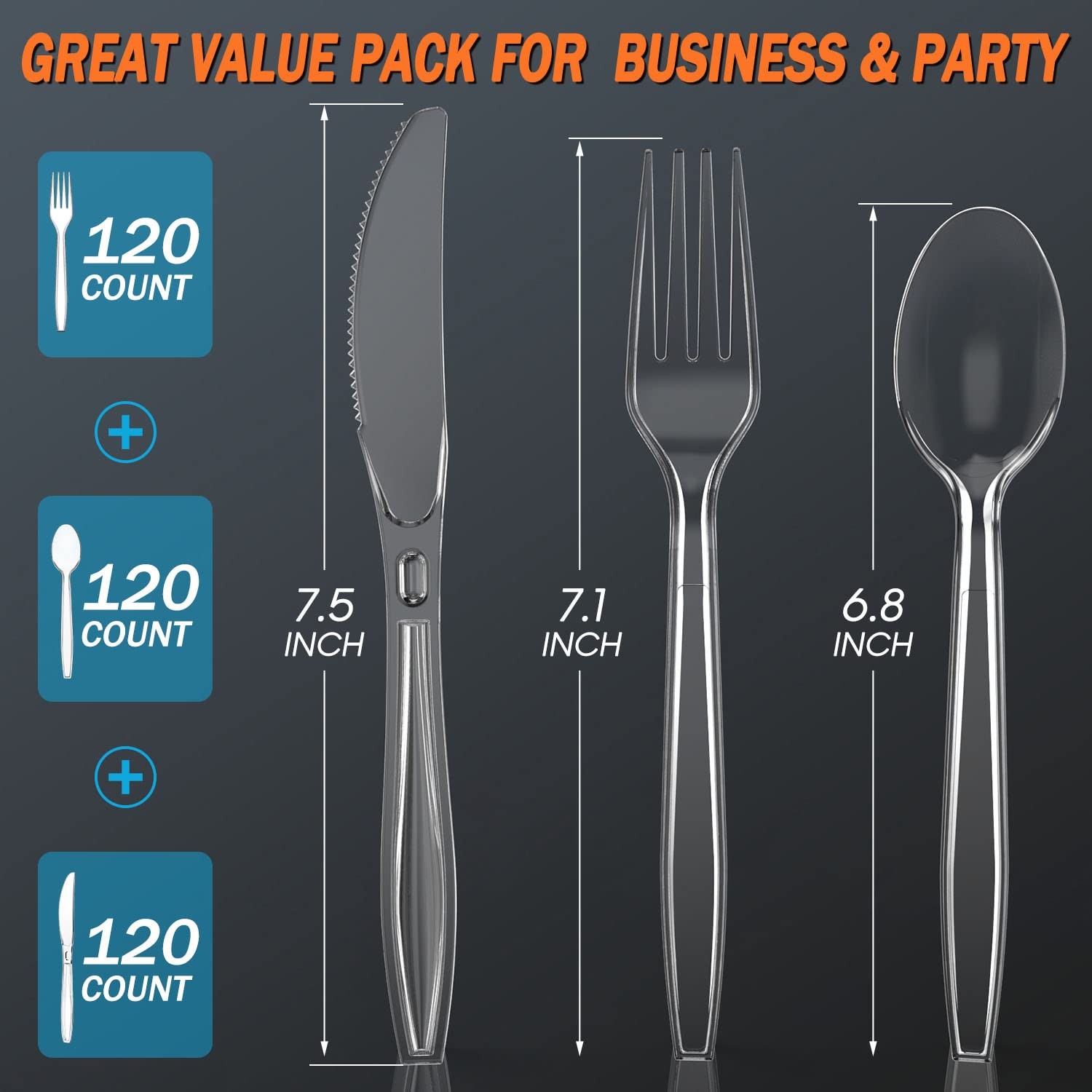 360 Count Plastic Silver Ware Heavy Duty, 120 Forks, 120 Spoons, 120 Knives, Hea