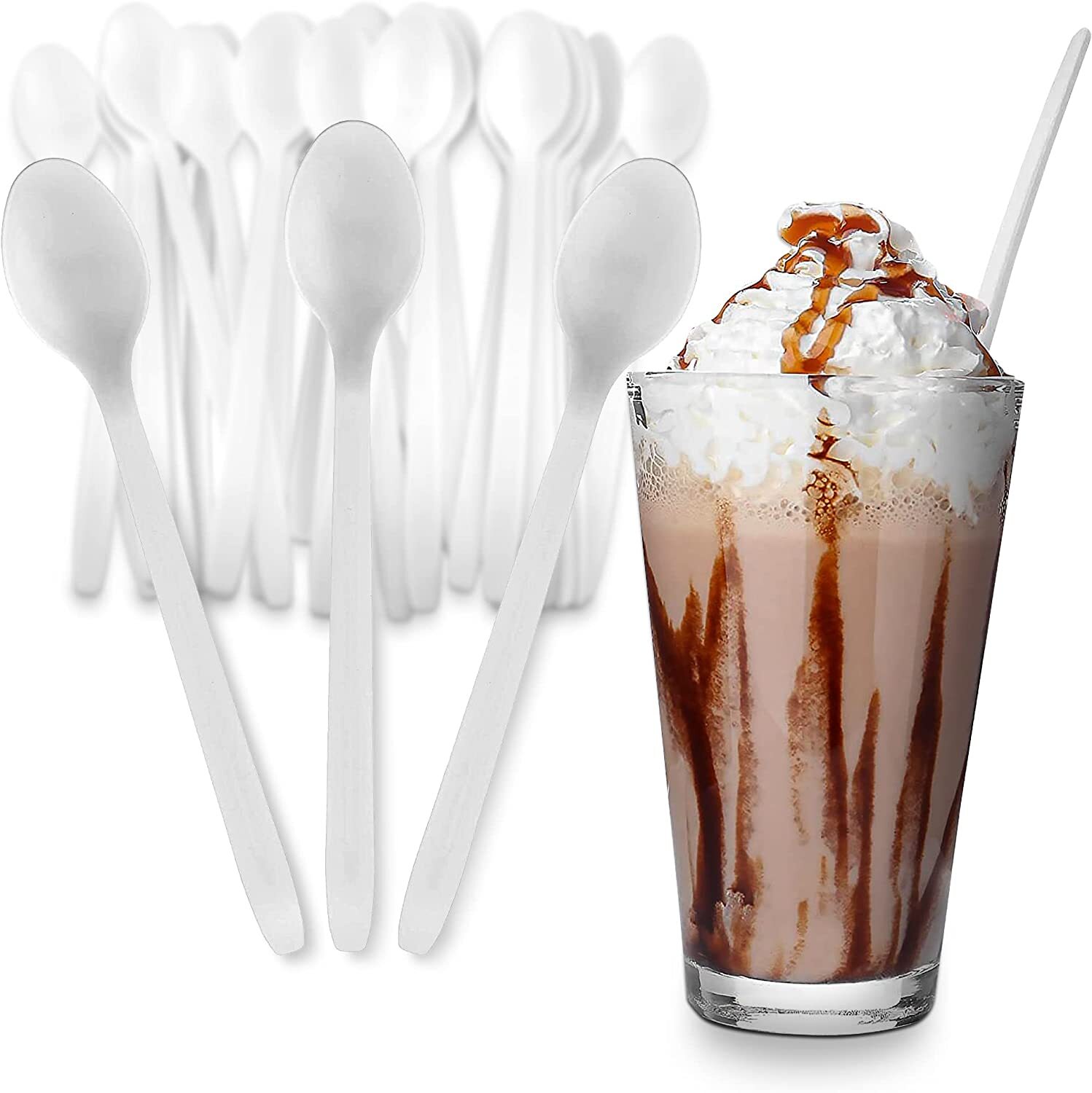 MT Products White Long Handle Plastic Disposable Soda Sundae Spoons – Pack of 50