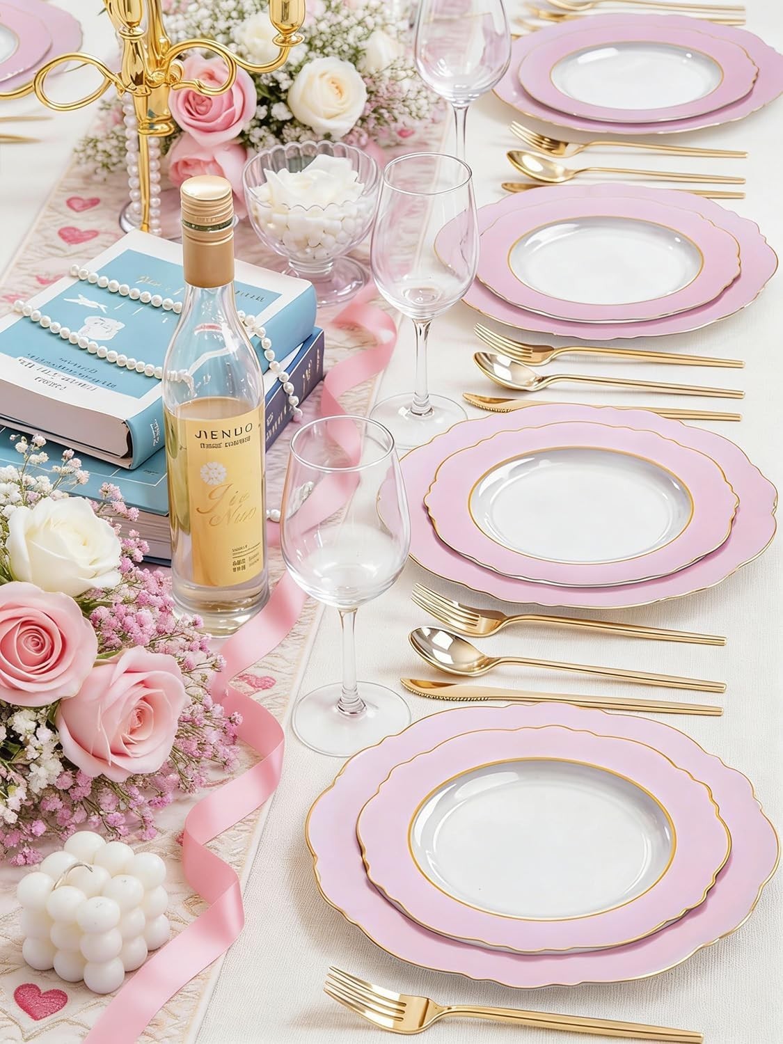 60Pcs Pink Plates Disposable with Gold Rim – Baroque Clear Pink and Gold Plas…