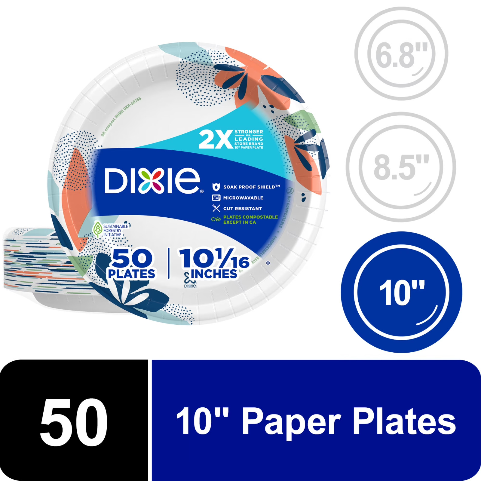 Dixie Disposable Paper Plates, 10″, Multi-Color, 50 Count