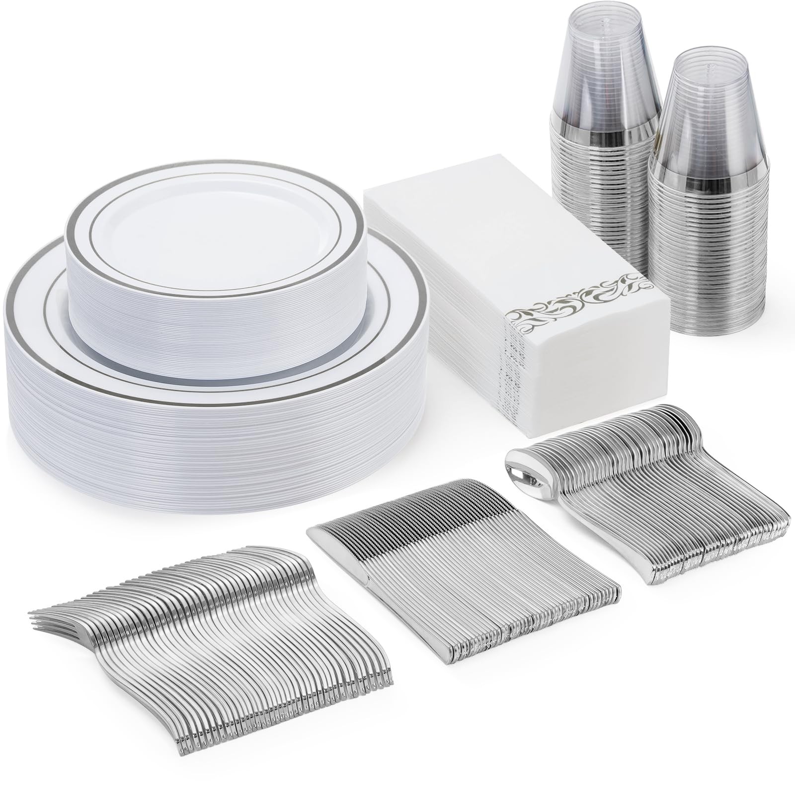 Goodluck 175 Piece Silver Dinnerware Set for 25 Guests, Plastic Disposable Plate