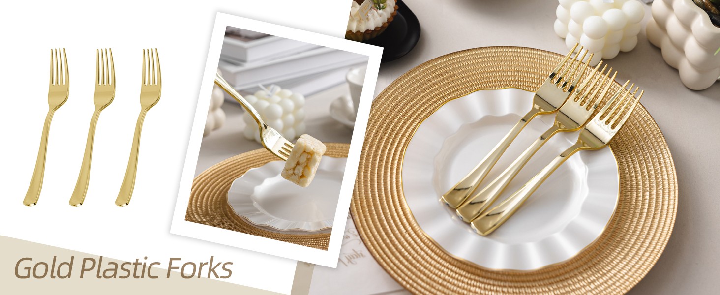 180PCS Gold Plastic Forks, Solid, Durable and Heavy Duty Plastic Forks,