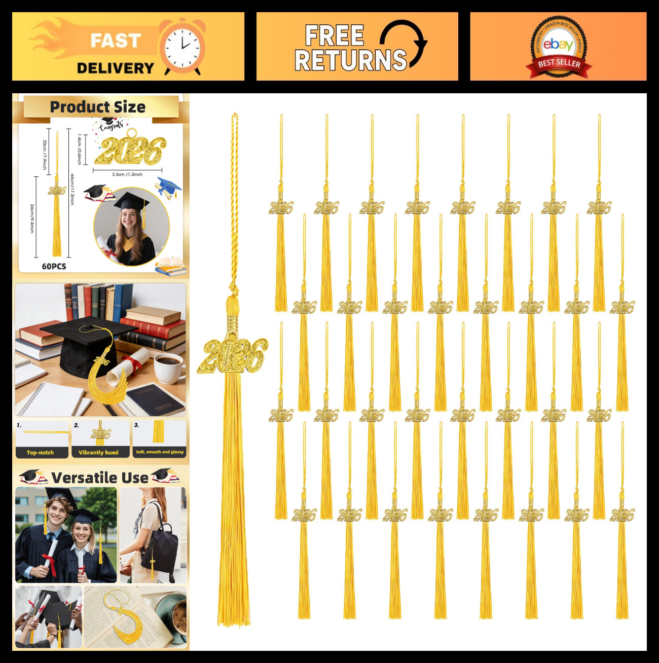 60 Pcs Gold Graduation Cap Tassels 2026 – Party Decorations & Gifts, Grad Decor