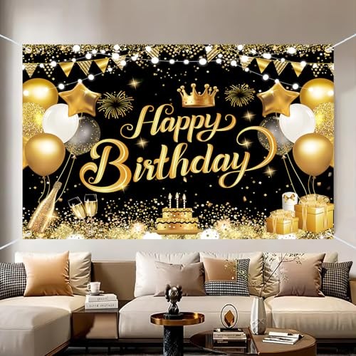 ft Happy Birthday Backdrop Banner – Black Gold Glitter Balloon Theme 7×5