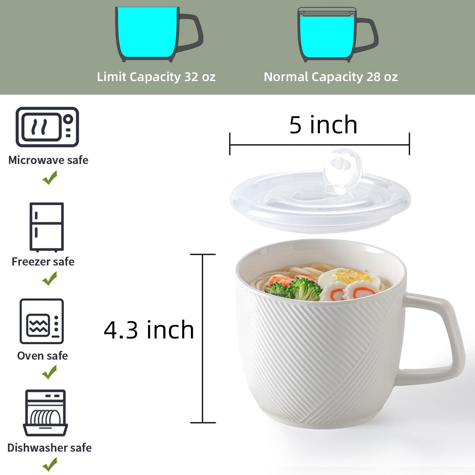 Adewnest Ceramic Soup Bowl with Lid & Handle: 32 oz Microwave Safe Food Containe