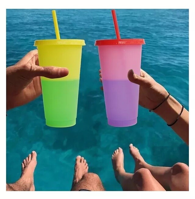 Magic Color Changing Plastic Cups Lids Straws 6 Pack 24 Oz Reusable BPA Free