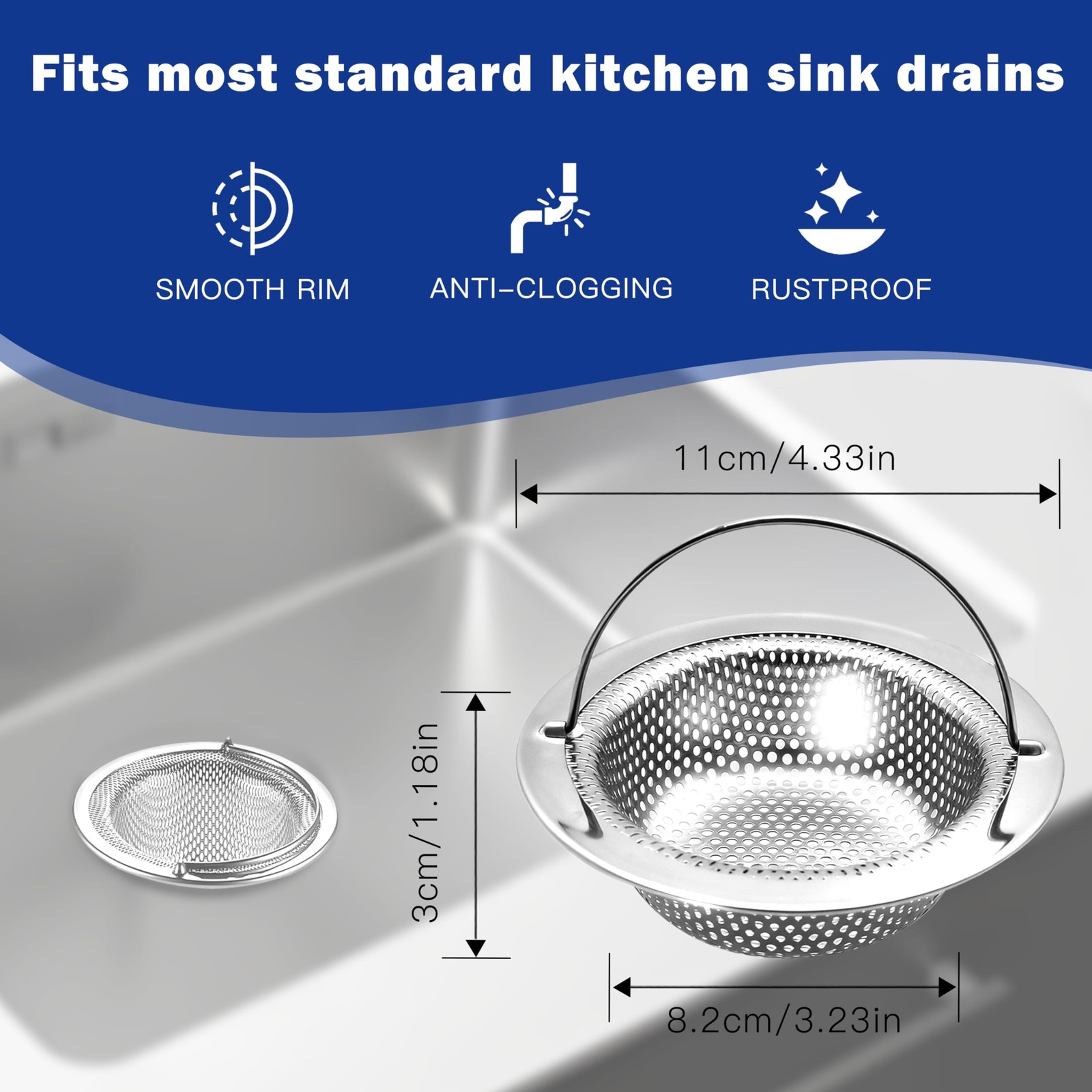 2 Pack Kitchen Sink Drain Strainer with Handle, Universal Stainless Steel Food C