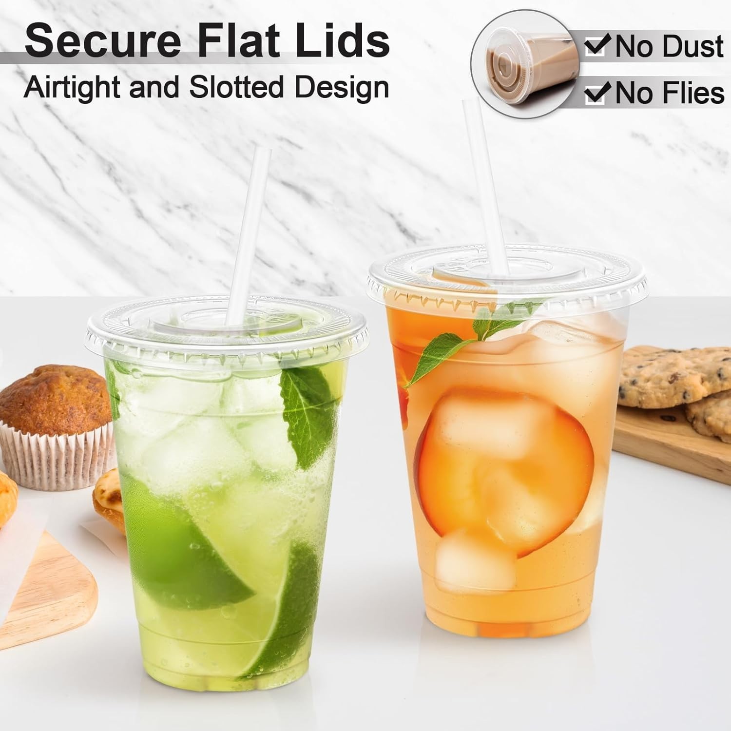 100 Vasos Plasticos 16Oz Transparentes con Tapa y Popote Resistentes Desechables