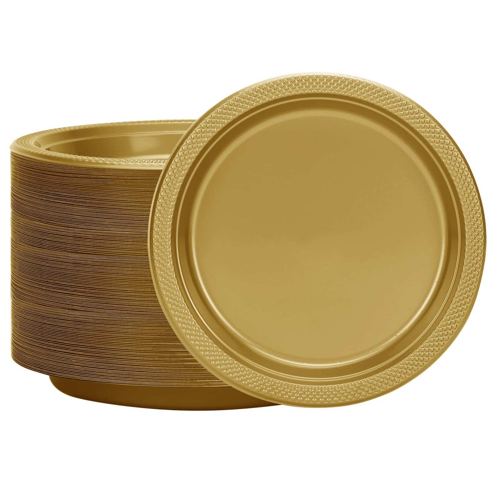 Gold Solid Color Premium Heavy Weight Plastic Dinner Plate (9″) 50 Count – El…