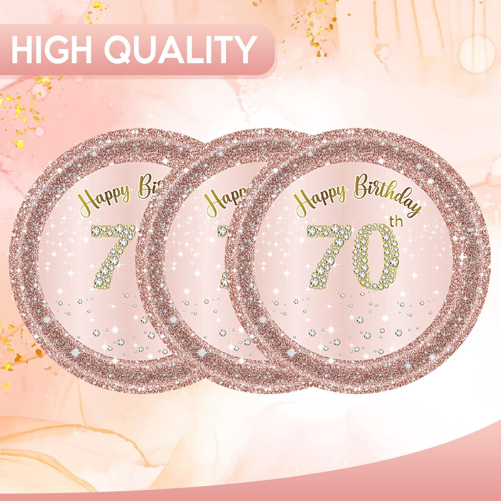50 PCS 7 Inch 70th Birthday Paper Plates Rose Gold 70 Years Party Tableware