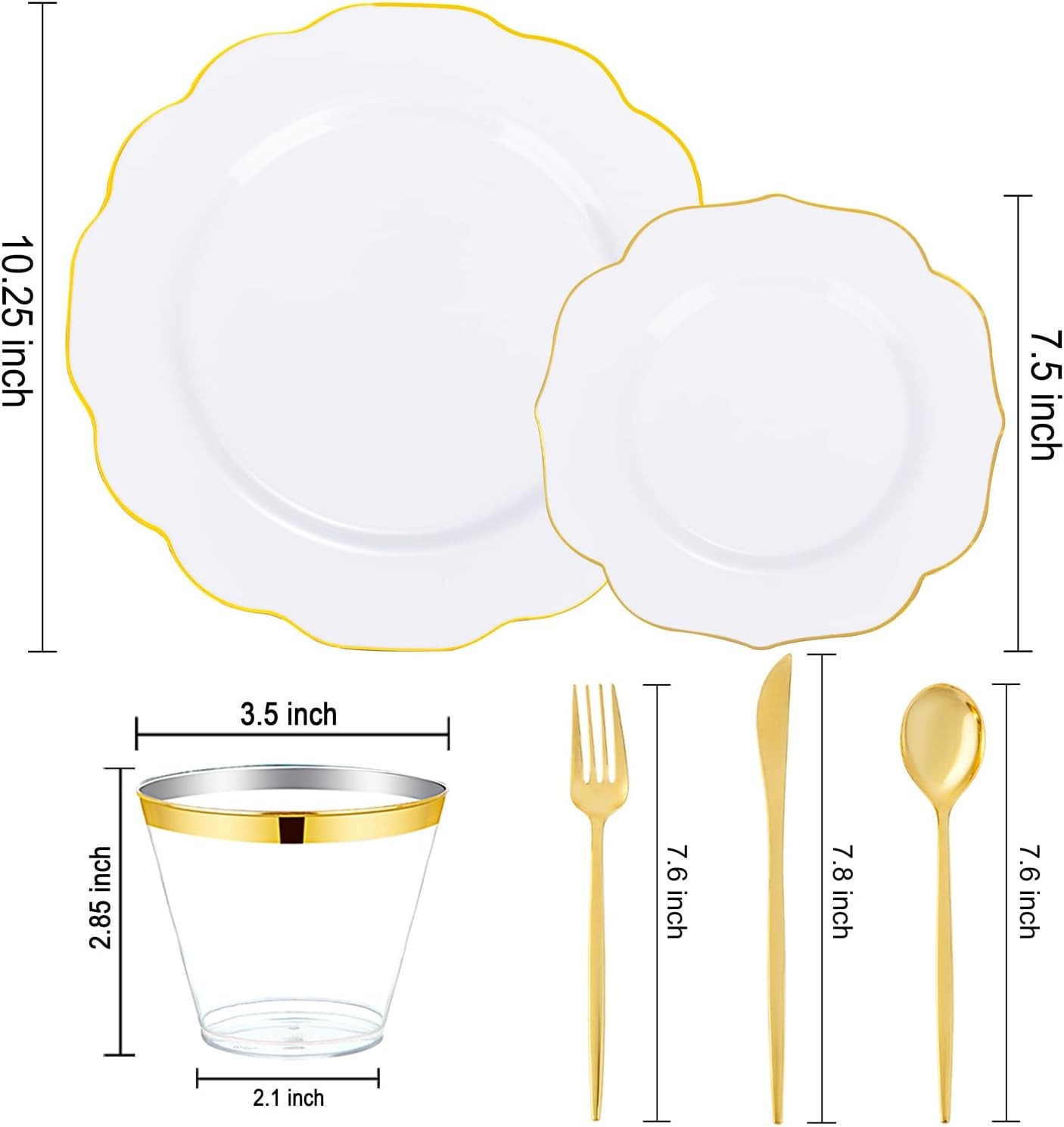 180PCS White and Gold Plastic Plates Disposable – White with