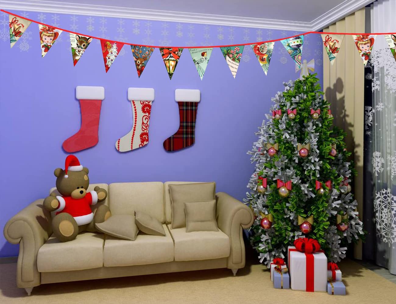 Vintage Style Christmas Bunting Banner – Retro Xmas Garland 8.04ft, X-2