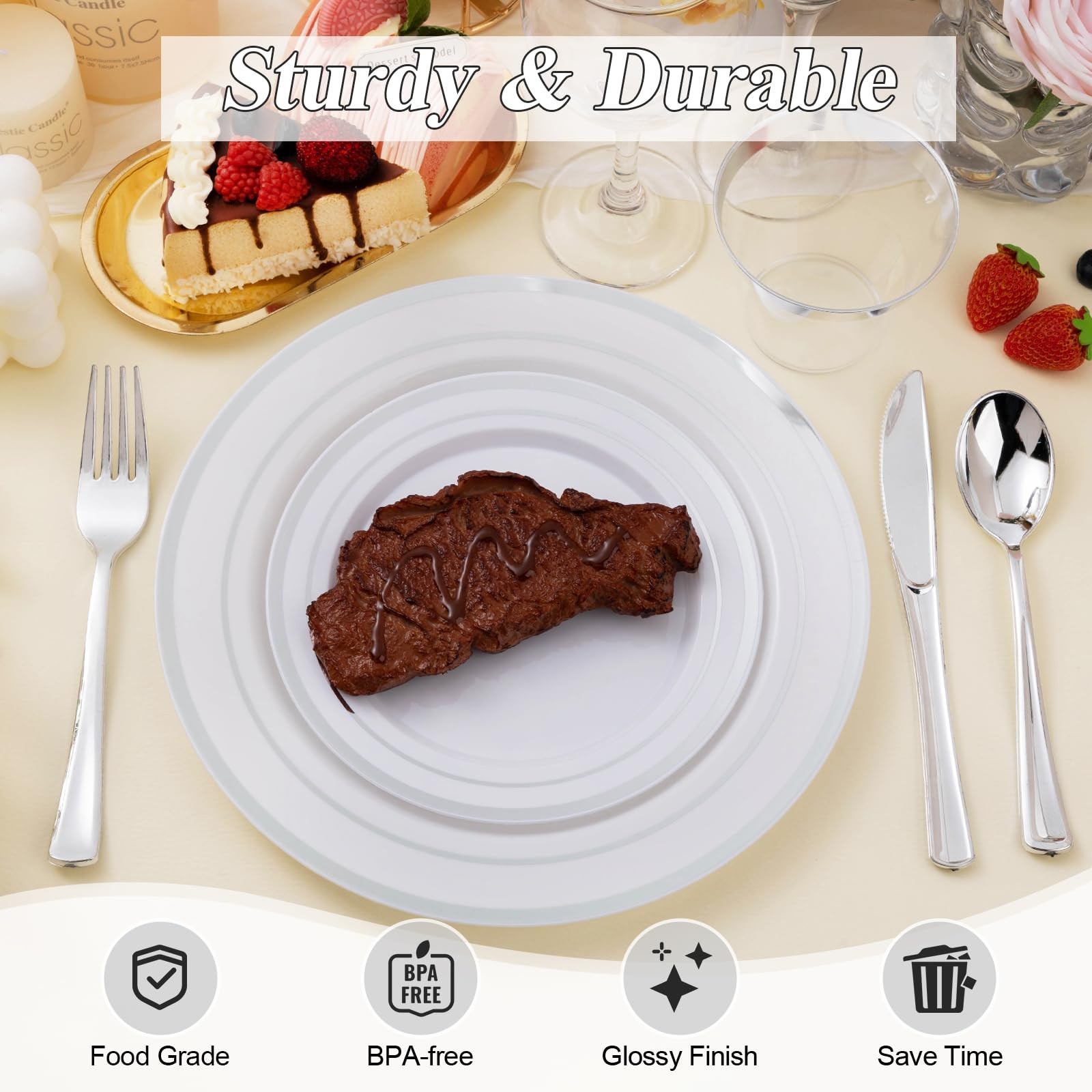100 Piece Silver Rim Plastic Plates – 50 Dinner Plates 10.25″ & 50 Dessert Pl…