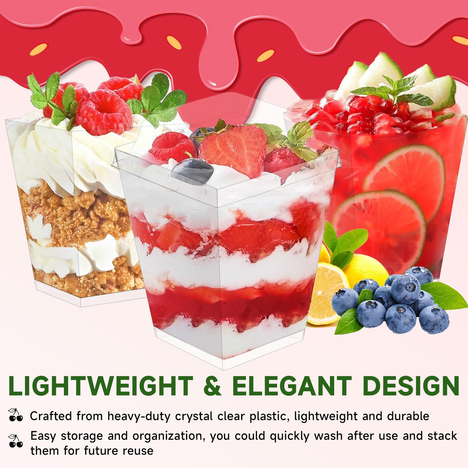 300 PCS 5.4 oz Clear Square Mini Dessert Cups Lids Spoons Small Plastic Bowl