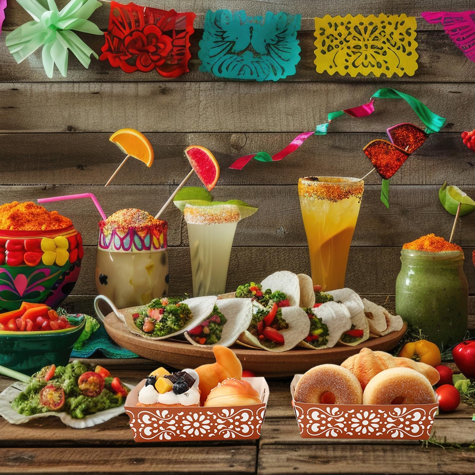 Whaline 36Pcs Cielito Lindo Paper Food Tray Mexican Fiesta Disposable Food Boat