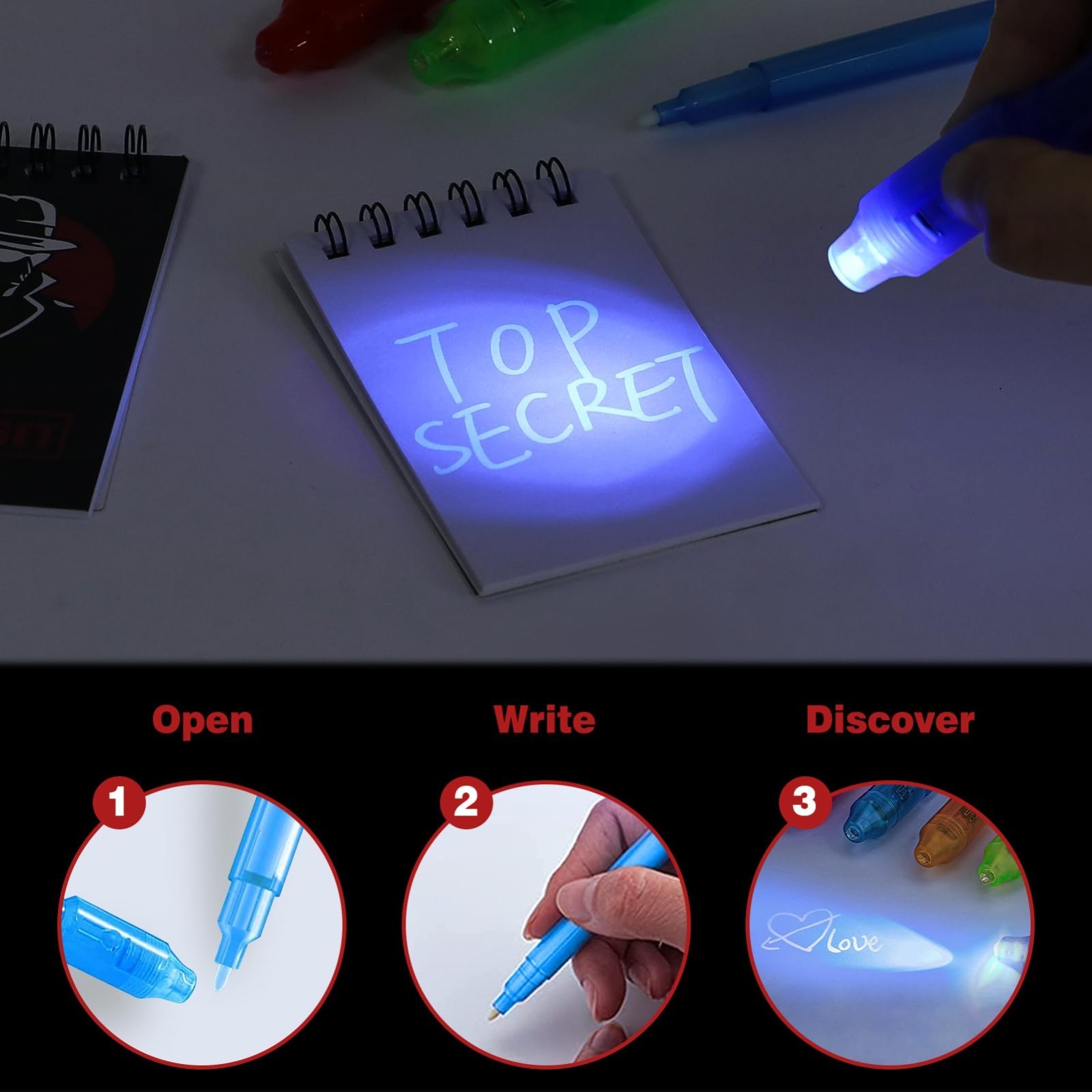 Spy Party Favors Set – Invisible Ink Pen, Secret Notebook, Name Tag, Magnifying