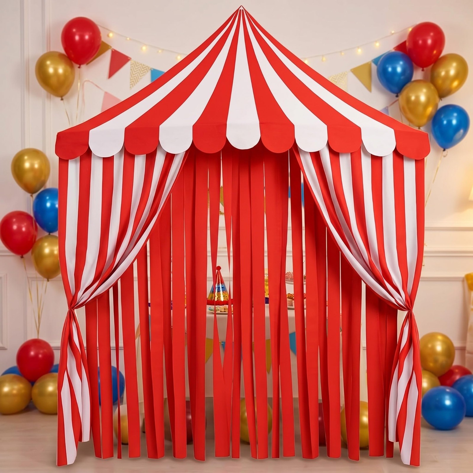 4-Piece Carnival Circus Decor Set – Red Striped Tent Canopy & Curtains for Party
