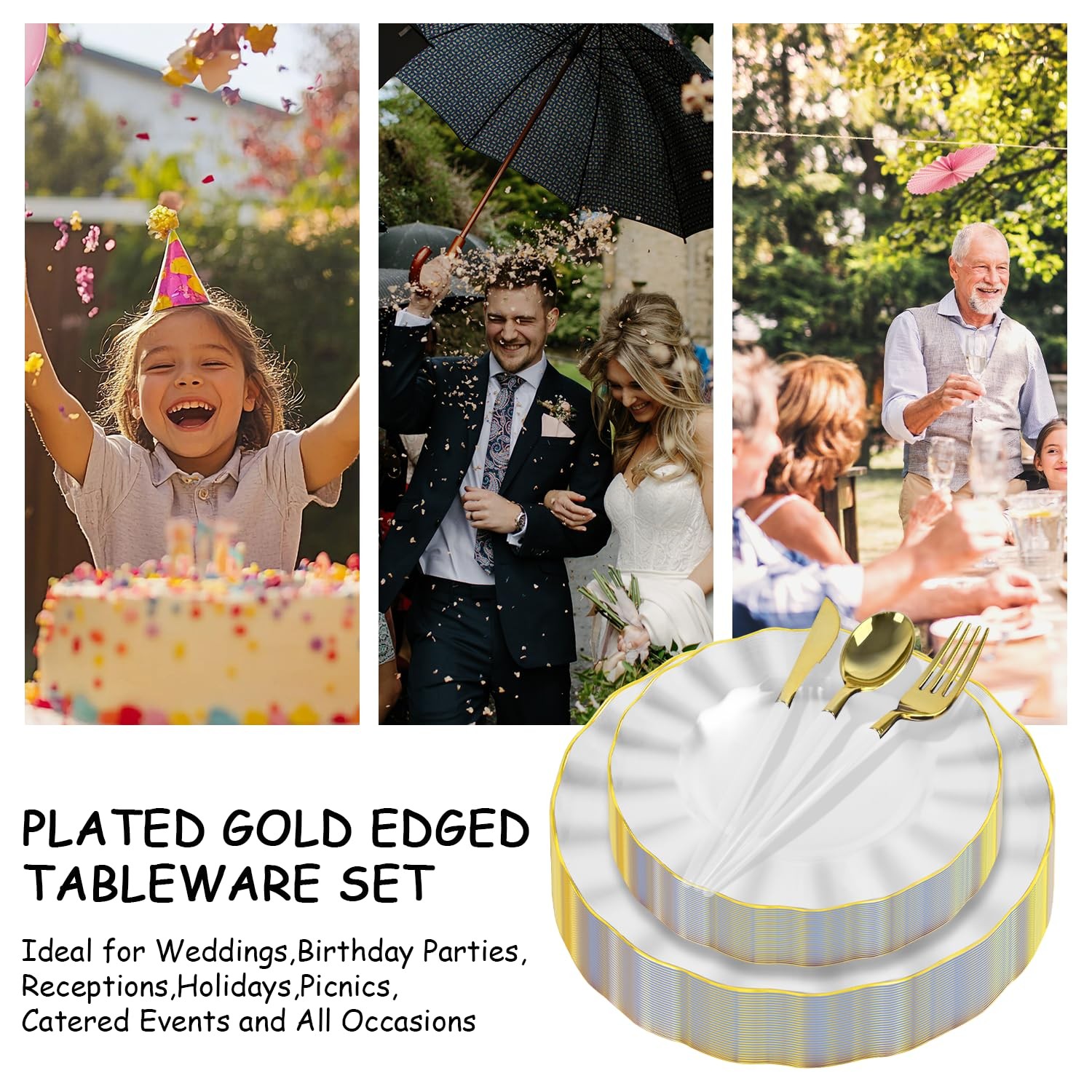 Plastic Plates Gold Rim 150 PCS Set Clear Heavy Duty Dinnerware 30 Guests