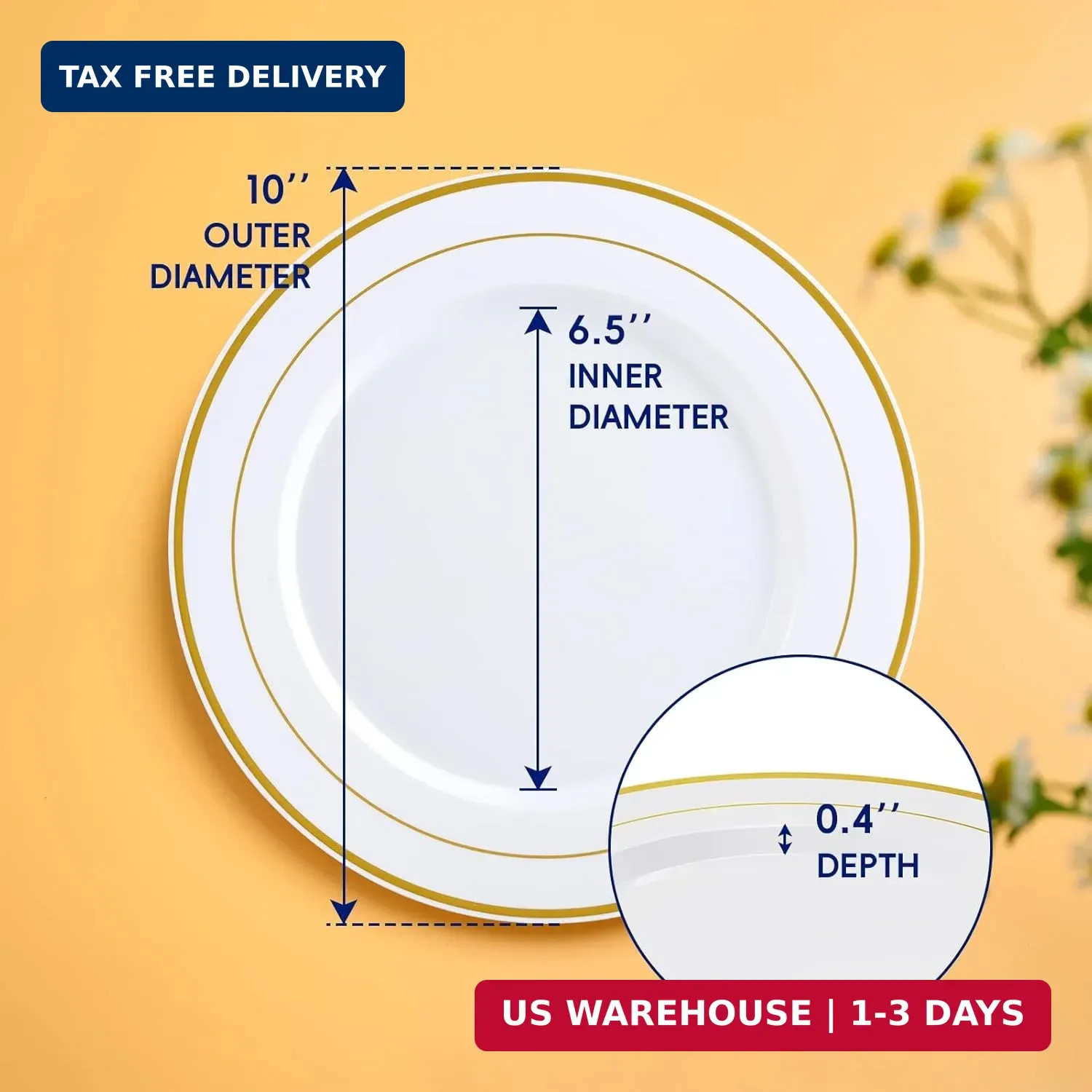 JOLLY CHEF 100 Pieces Gold Plastic Plates, 10 Inch Elegant Disposable Dinner Whi
