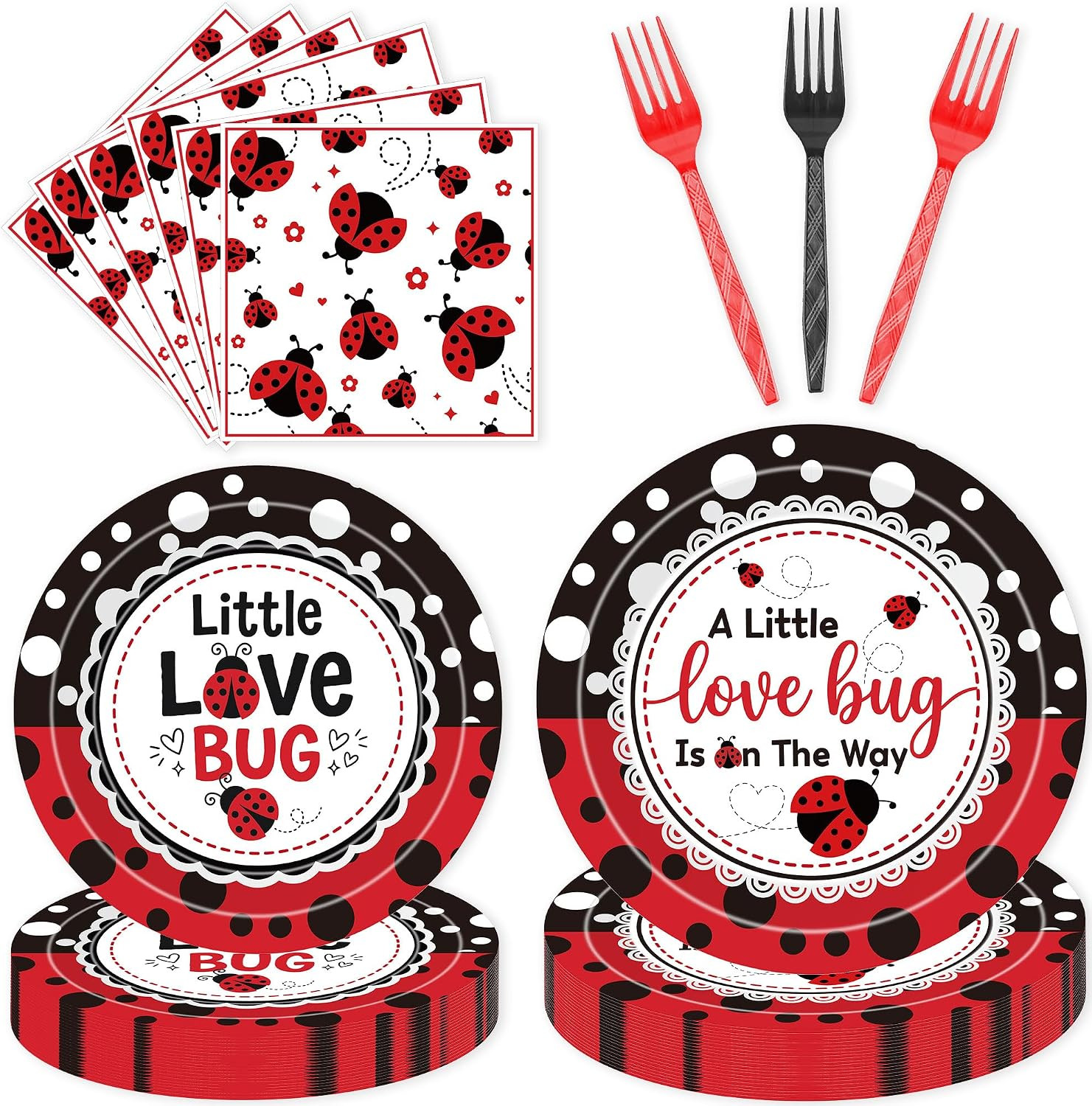 96 Pcs Love Bug Baby Shower Decorations, Lady Bug Tableware Set | Includes Paper