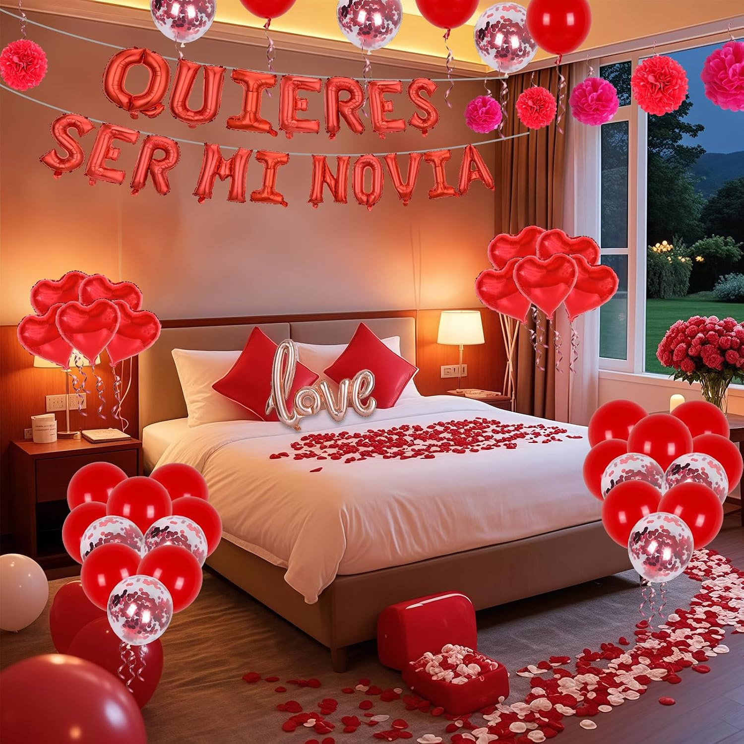 Red 16″ Quieres Ser Mi Novia Balloons Letters Set- 10Pcs Heart Balloons, LOVE