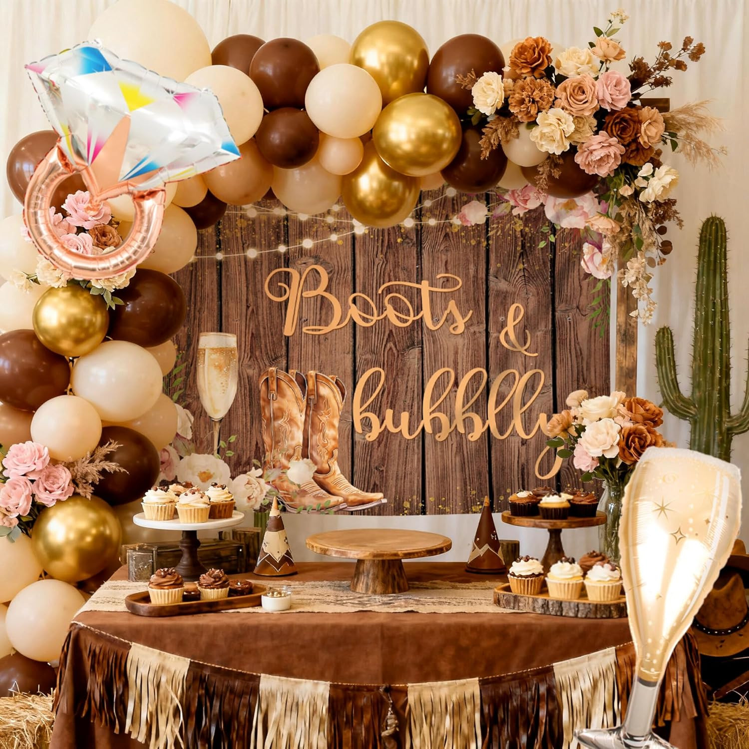 Boots and Bubbly Bridal Shower Backdrop Rustic Brown Wood Cowgirl Bachelorette T