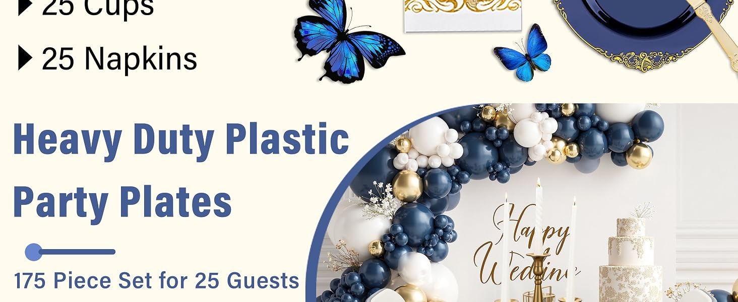175PCS Blue Plastic Plates – Blue Gold Plastic Dinnerware Set Disposable Include