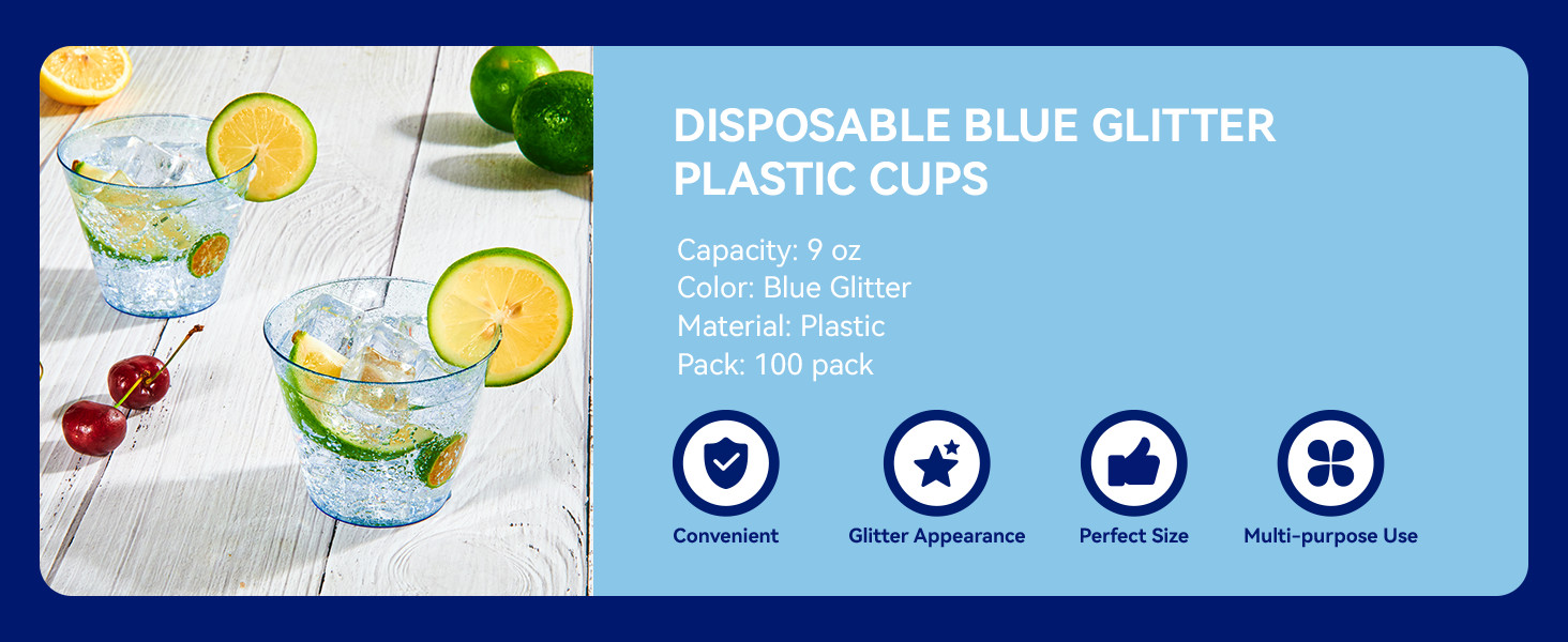 100 Pack 9 oz Blue Plastic Cups, Disposable Cups Tumblers, Elegant Blue Glitter