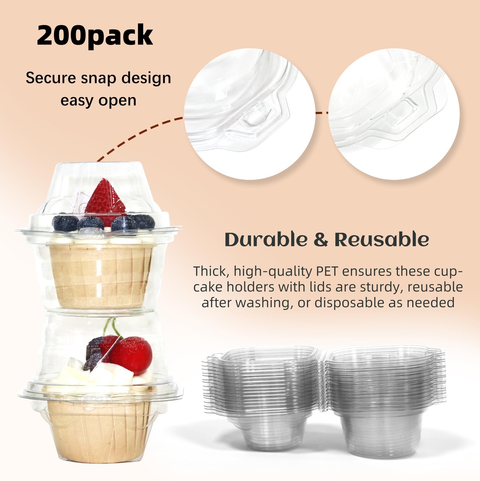 50 Pack Individual Cupcake Containers, Plastic Cupcake Boxes with Lids, Stack…