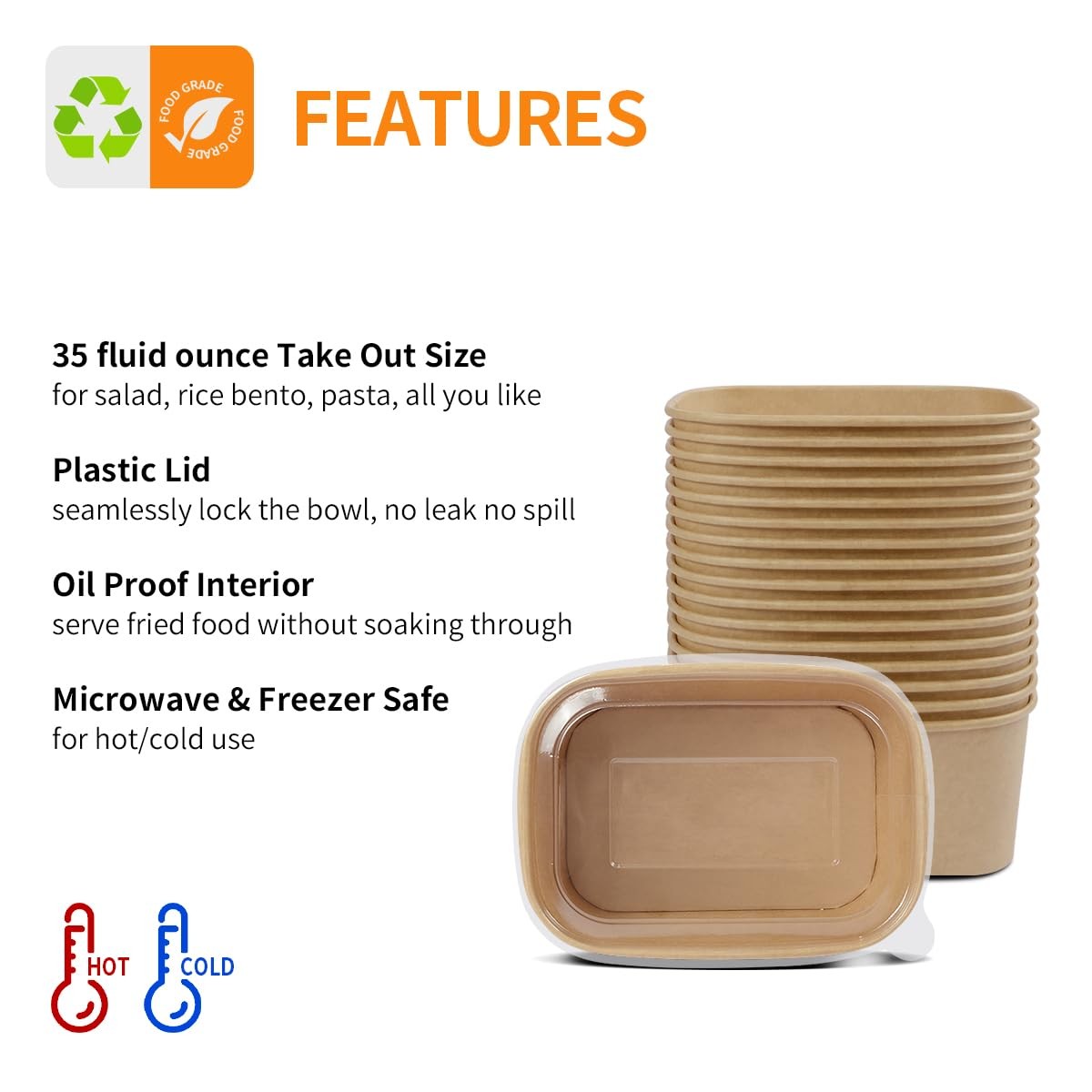 50-Pack 35oz Paper Food Containers with Lids Microwavable Freezer Safe Bowls