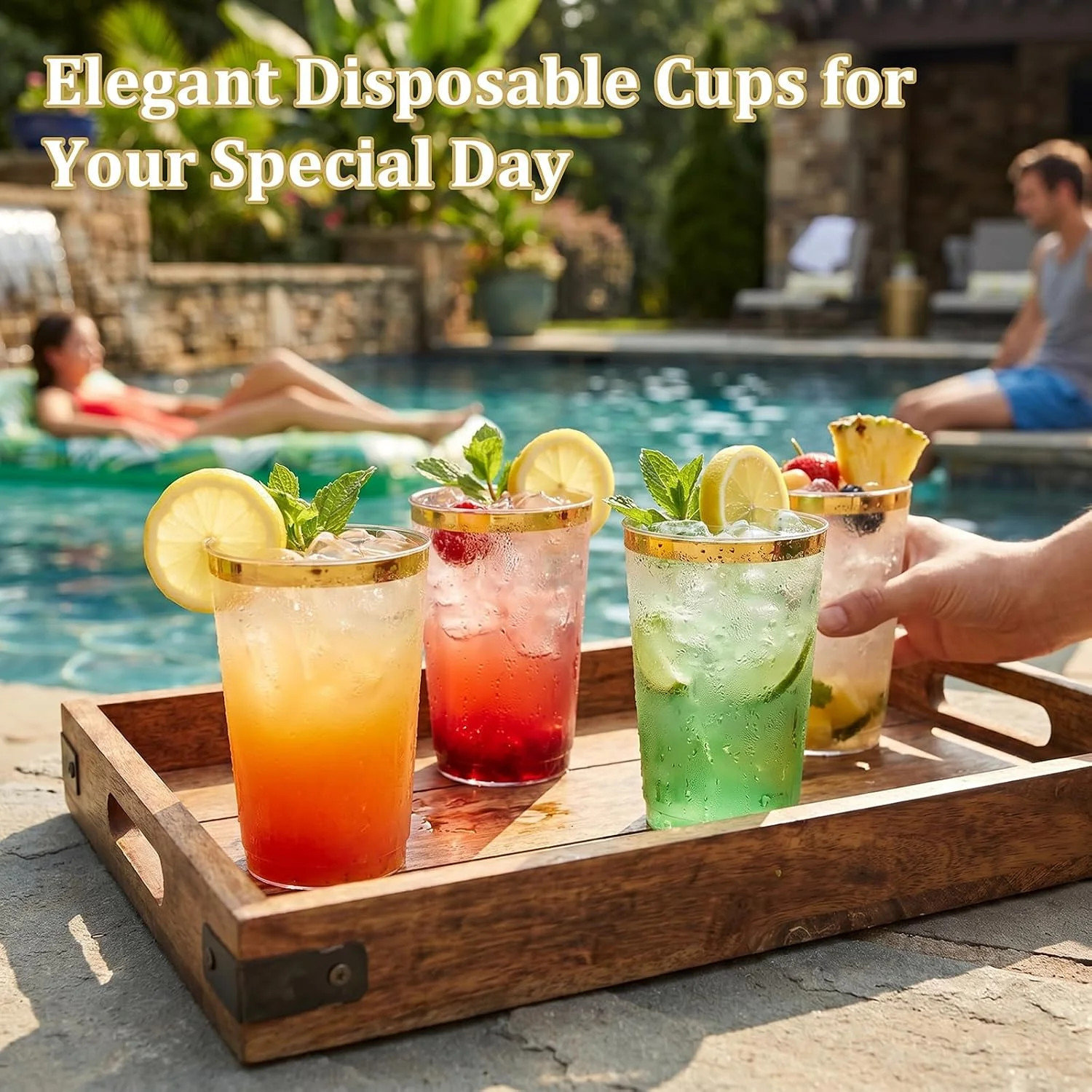 DaYammi 200 Pack Gold Plastic Cups 10 Oz Clear Cup Gold Rimmed Disposable Wine G