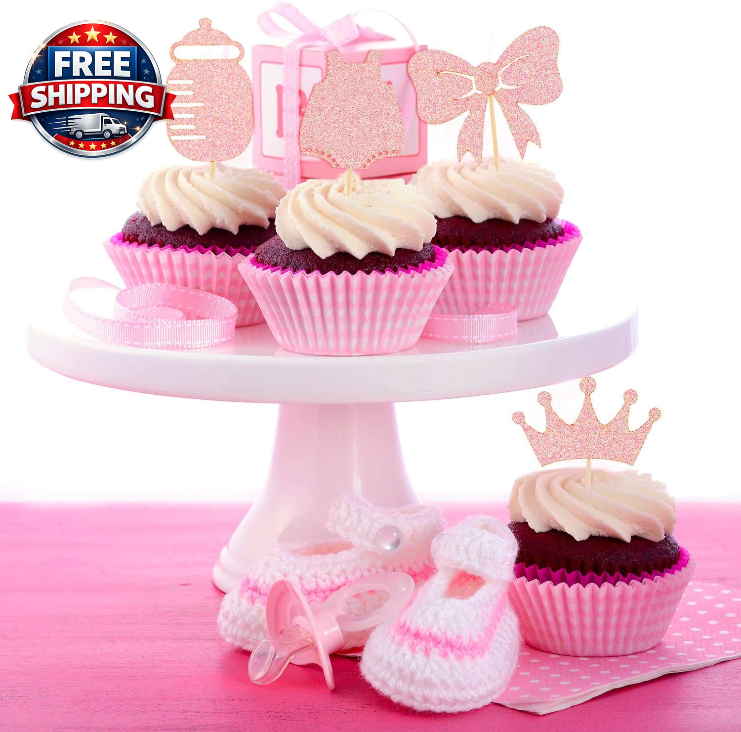 48 Pieces Baby Shower Cupcake Toppers for Girls Glitter Pink Baby Girl Food Pick