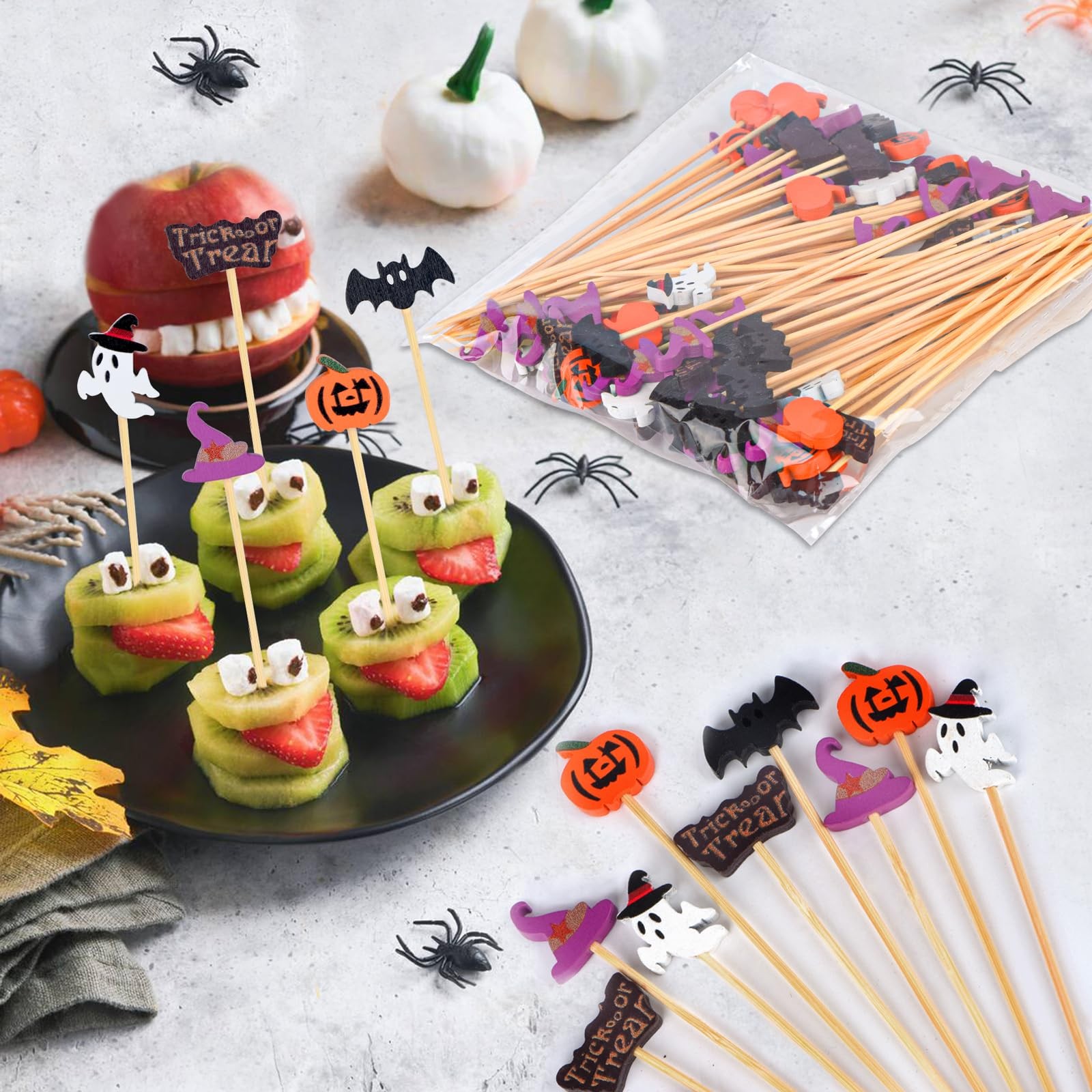 100 Pack Halloween Toothpicks For Appetizers 4.7 Inch Natural Bamboo Cocktail Pi