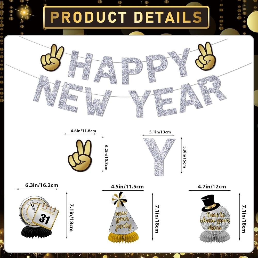 Happy New Year Banner Silver: Glitter New Years Eve Party Supplies 2026 Happy