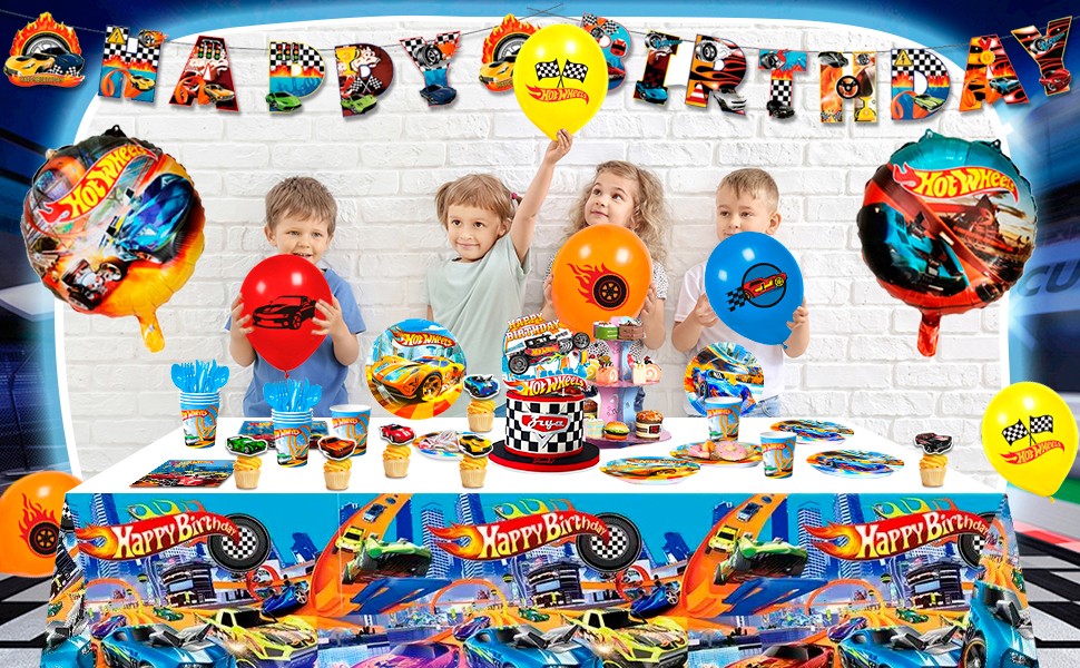114 Pcs Hot Wheels Party Decorations Car Party Supplies Balloons Tableware Cups
