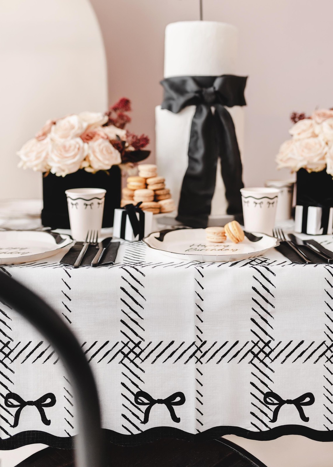Cream & Black Bow Disposable Tablecloth – Elegant Coquette Style Table Cover 180
