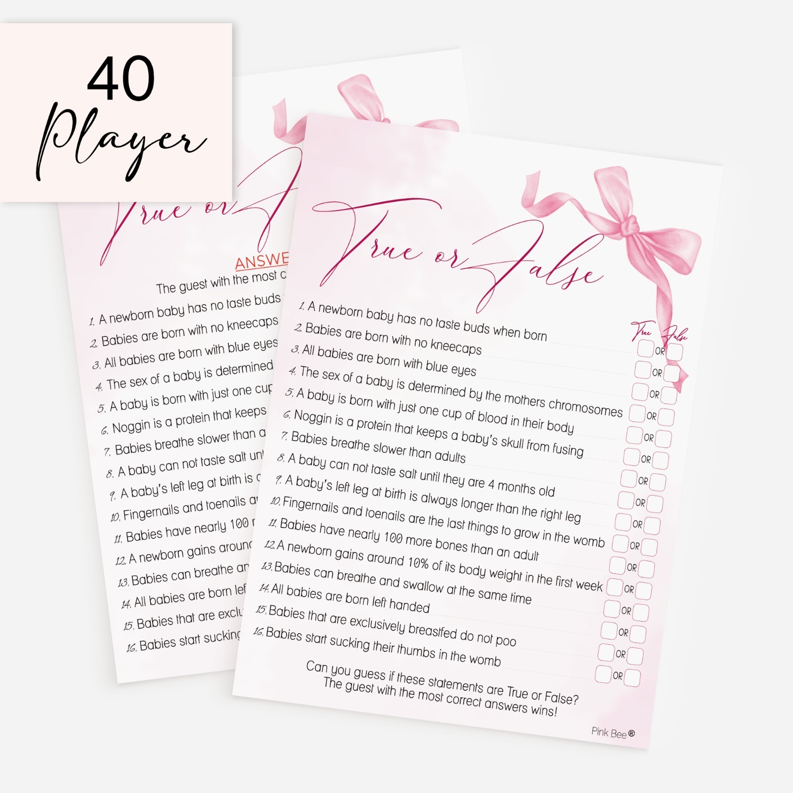Baby Shower Game – Pink Bow True or False, Girl, Ribbon, Quiz, 10-40 Players