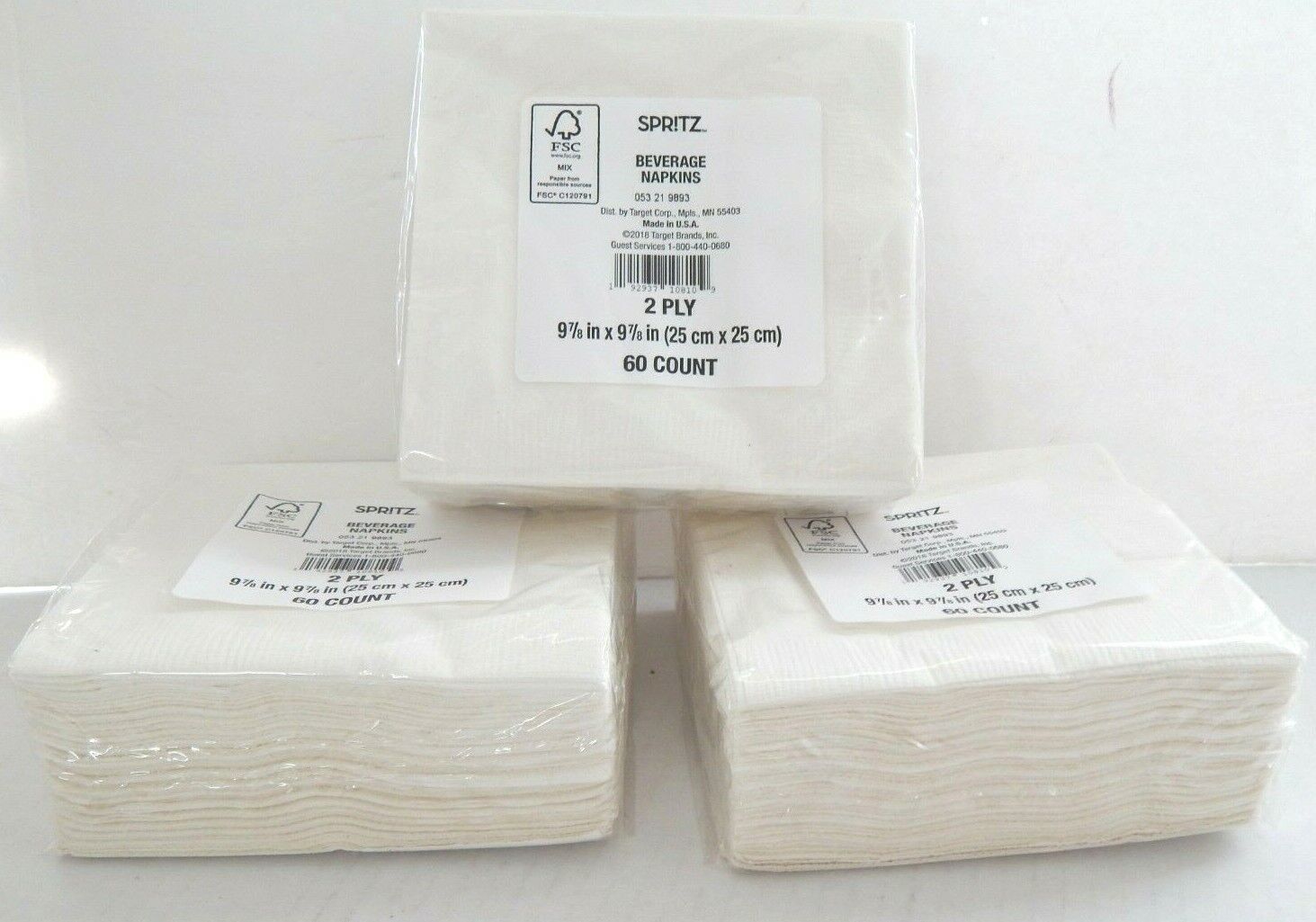 Spritz White 2-Ply 60Ct Beverage Napkins Lot Of 3 Packs (180 Napkins)