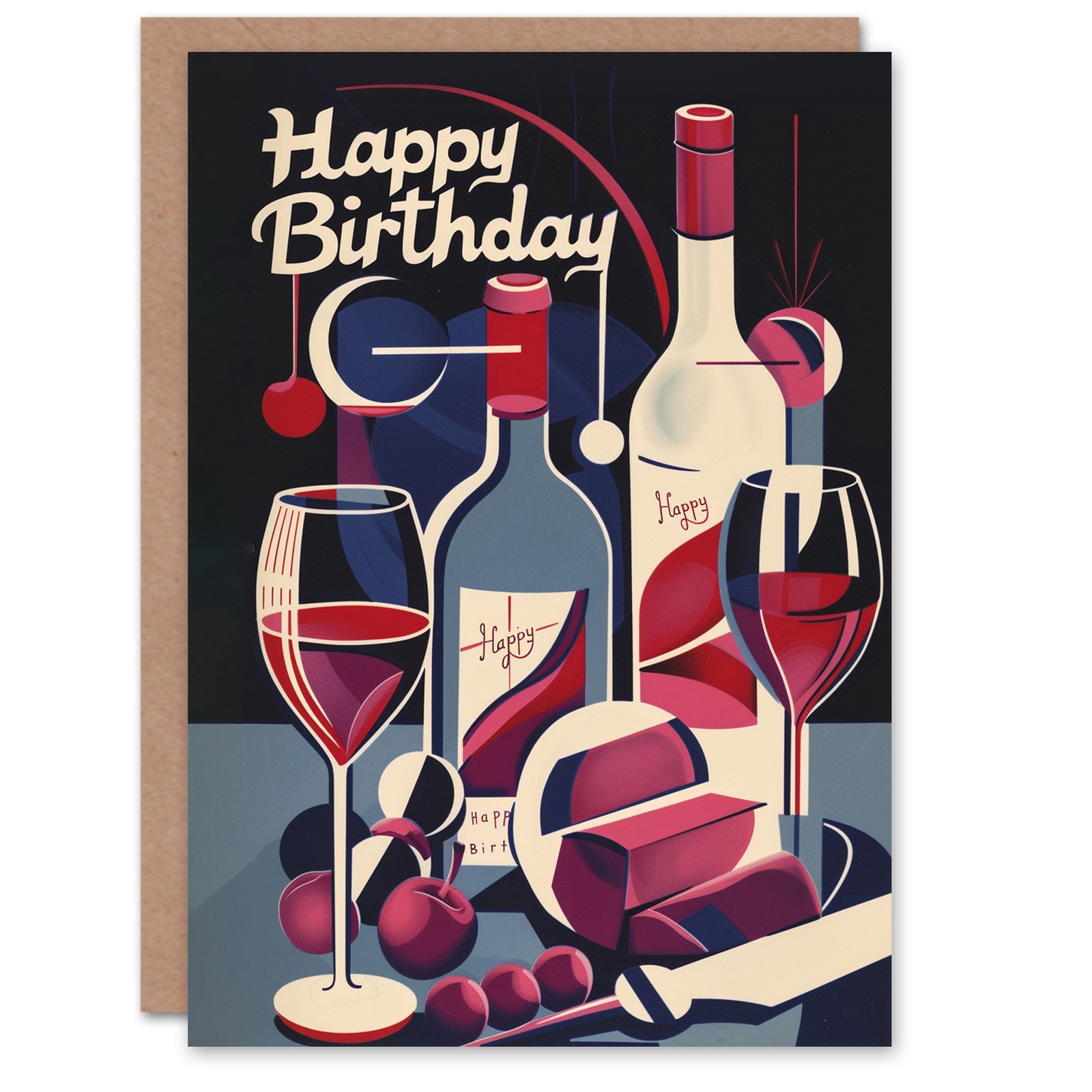 Birthday Card Wine Fruit Cheese Charcuterie Art Deco For Him Her Greeting Card
