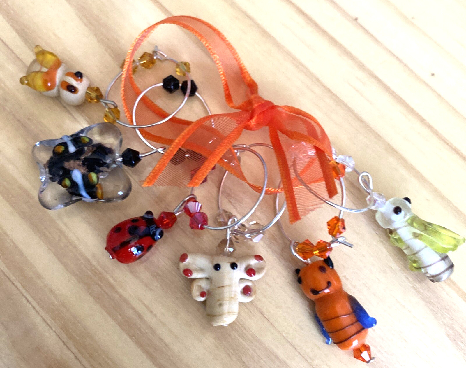FUN BUTTERFLY LADYBUG GRASSHOPPER ETC. WINE GLASS CHARM RINGS SET OF 6