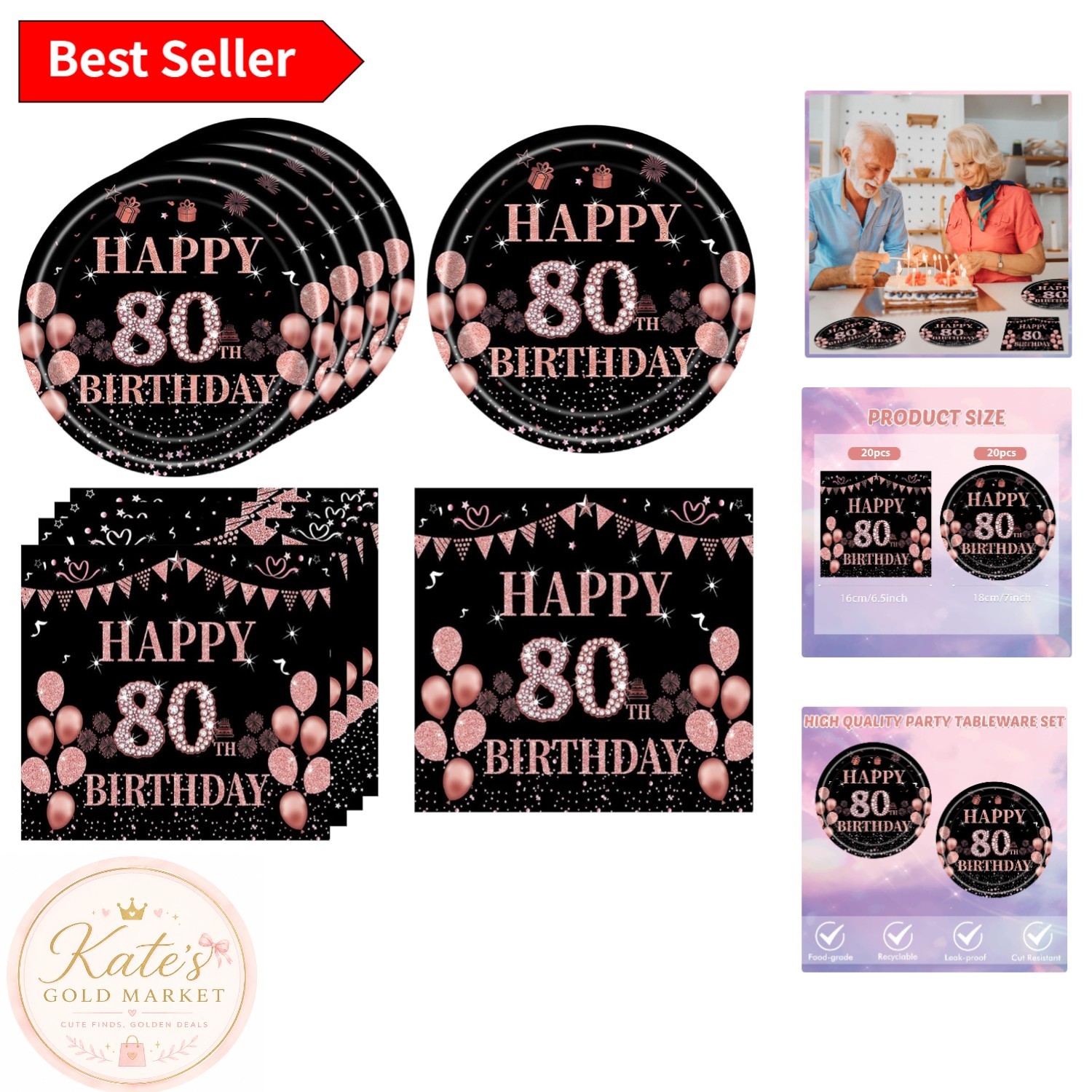 40PCS Black & Rose Gold 80th Birthday Party Supplies – For Elegant Celebrations